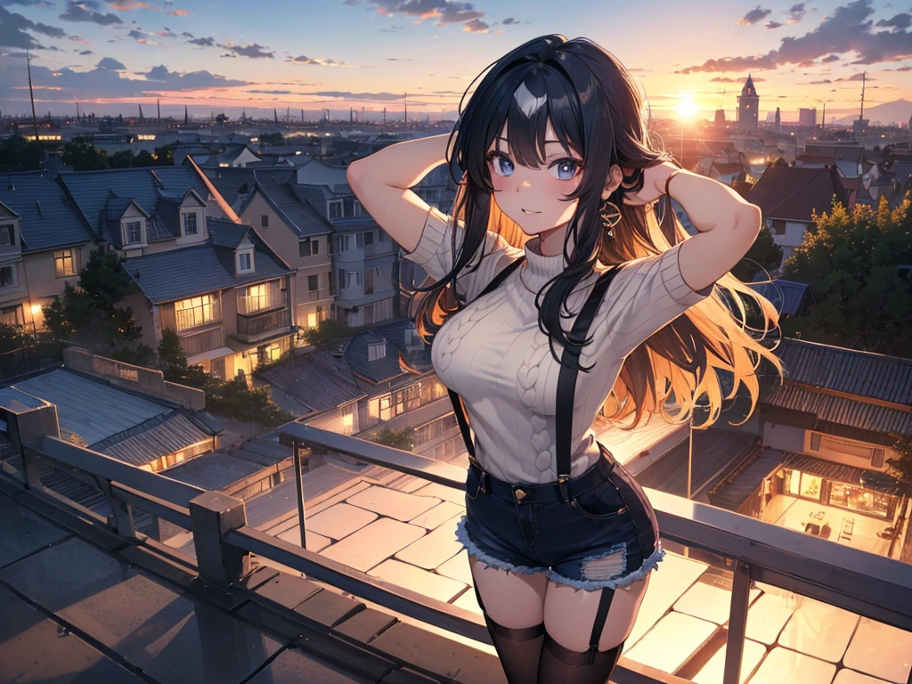 Solo, 1 Female, (Human Ear, Earrings), (Black Hair, Long Hair Down), (Lying  with Arms Behind Head),(座り込み)、 (Anime Face, Ahegao), (Hair Accessories), (Suspenders, Bust Supporter, Long Cable Knit Sweater, Denim Shorts, Garter Belt, Stockings), (Sunset Sky, Sunset, Evening Sky), (Focus on Breasts, Dynamic Angle), (High Resolution, Masterpiece, Accurate, Anatomically Correct, Multiple Award Winning Condition, Top Quality, Detailed, High Quality Model, High Quality, Retina, Highly Detailed Condition), Textured Skin, Ultra High Resolution).