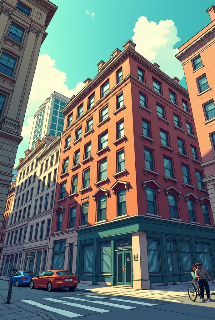 Draw an image of the top level of a building inside a color comic style city