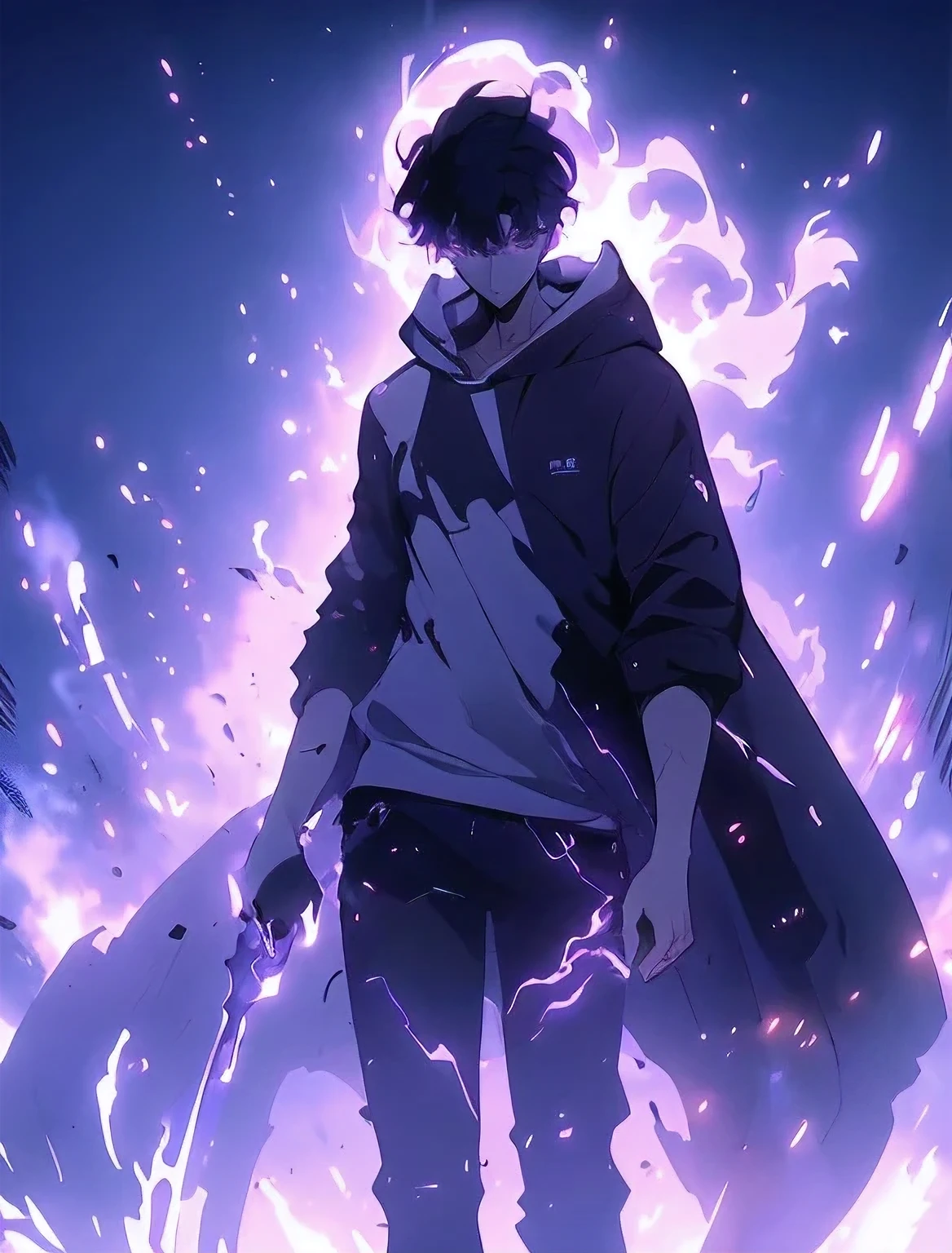 male ,jinwoo(solo leveling), aura background, wearing white oversize hoodie, angel, no face, high resolution, 4k, 8k, UHD, aura, purple aura coming out of hands, standing , facing away, wind blowing fast, sung jin woo, black hair, short hair, black eyes,starrystarscloudcolorful,mecha, 