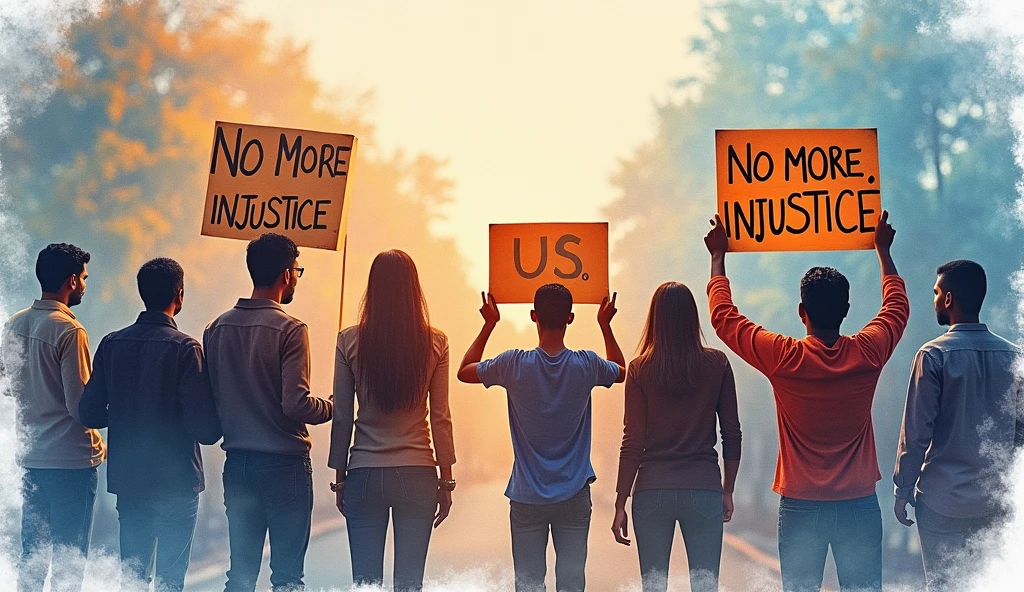 It will be collage of pictures of people facing the us protesting against injustice on the roads of an Indian city. They are holding placards where exactly "No More Injustice" are written. (no other wards should be seen on the placards) Make the pictures symbolic watercolor pictures not photographs.