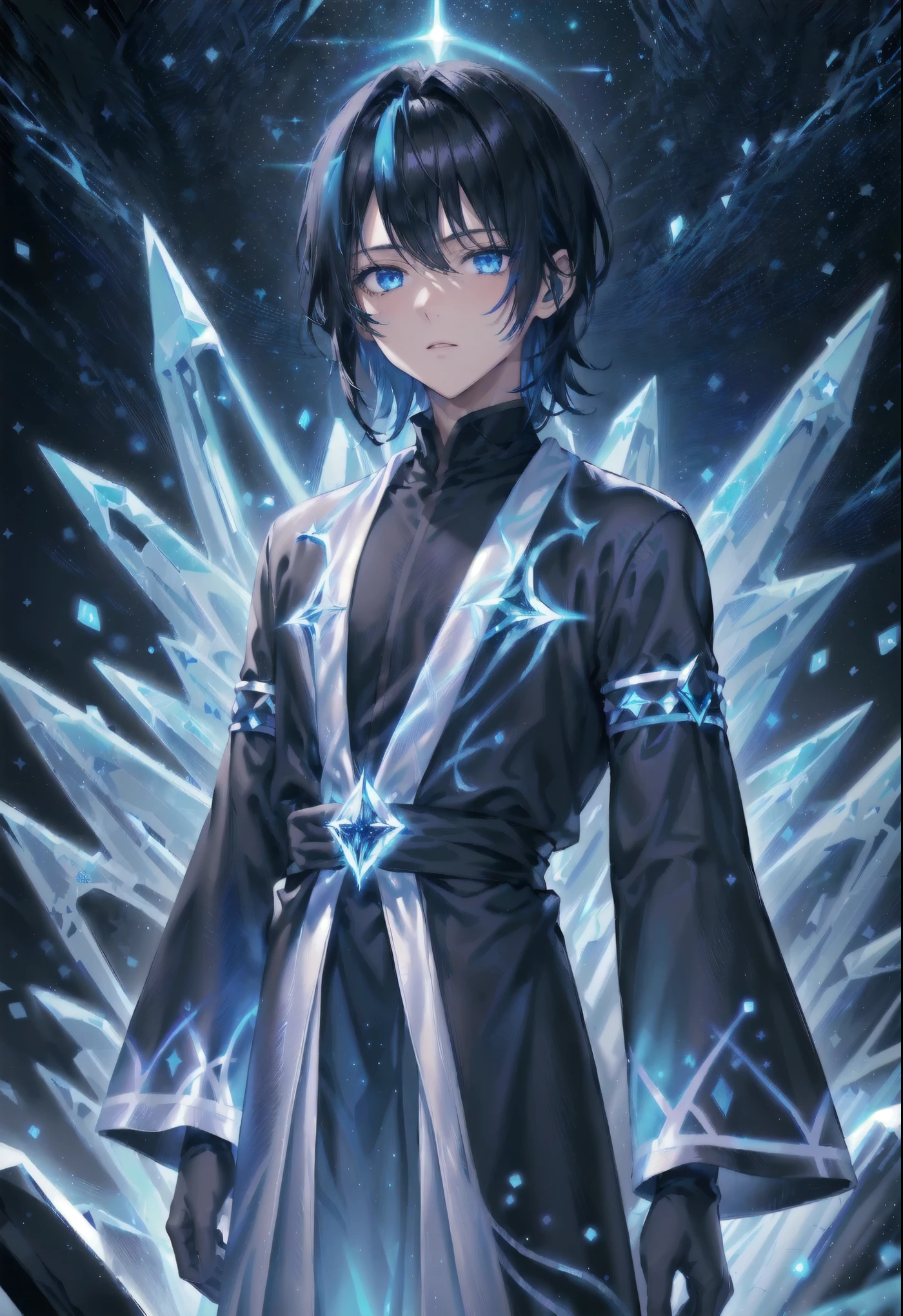 masterpiece, best quality, highres, absurdres, 4k resolution, official art, source_anime, waist up, expressive eyes, male, youthful, late teens, teenager, young, pretty, looking at viewer, black hair, night hair, medium hair, flat hair, straight hair, long sidelines, icy blue eyes, fair skin, midnight blue robe, tight robe, half robe, black undershirt, threads, armlets, wide sleeves, black gloves, ice theme, silver decoration, ice element, diamond particles, star sky background, night sky, exterior,