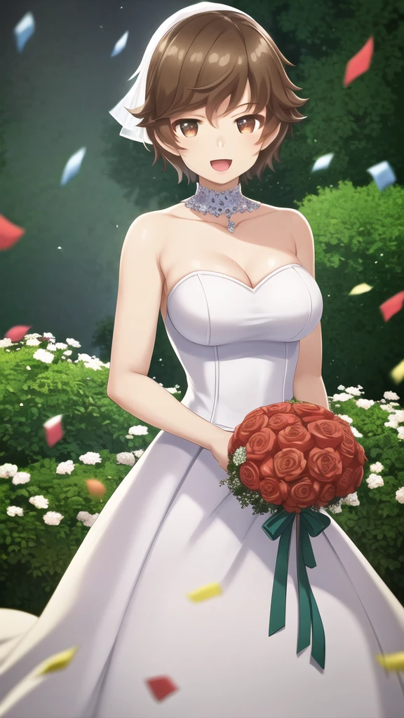 masterpiece, best quality, high quality, girl, solo, looking at viewer, kogure_kawanami, brown hair, brown eyes, large breasts, wedding Dress, standing, garden, confetti, holding bouquet, smile, open mouth,