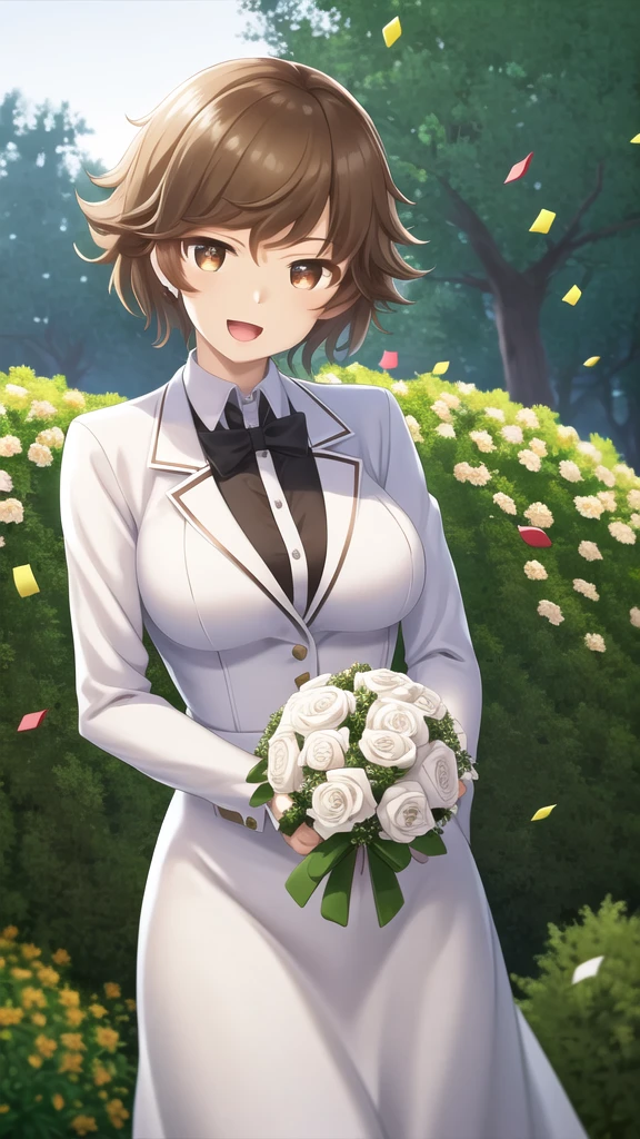 masterpiece, best quality, high quality, girl, solo, looking at viewer, kogure_kawanami, brown hair, brown eyes, large breasts, wedding Dress, standing, garden, confetti, holding bouquet, smile, open mouth,