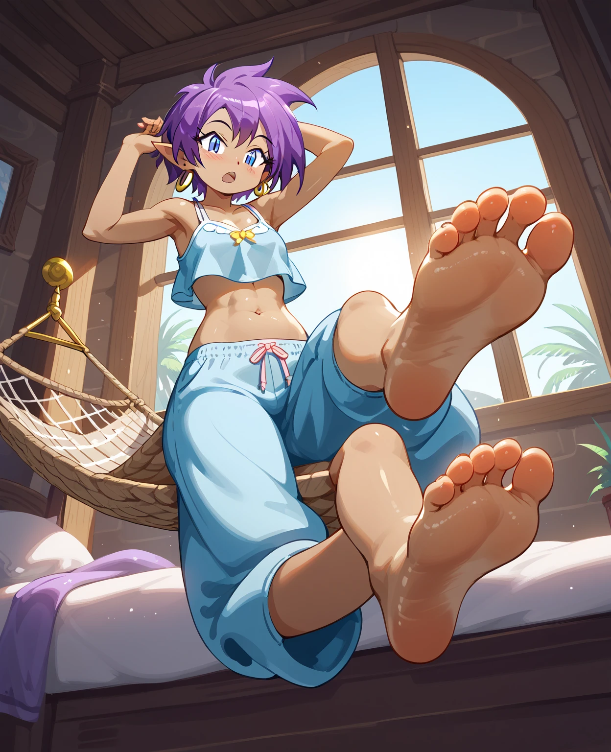 [Shantae], ((masterpiece)), ((HD)), ((high res)), ((solo portrait)), ((full body)), ((low angle view)), ((feet visible)), ((foot focus)), ((detailed shading)), ((intricate details)), {attractive girl, (dark skin tone), (brown skin), (long messy purple hair), (spiky bang), (closed eyes), (curvy hips), (defined muscles), (beautiful legs), (cute soft feet), (blushing), (yawn)}, {(light blue puffy pajama pants), (light blue crop top), (navel)}, {(sitting on bed), (looking at viewer)}, [ambient lighting, bedroom, hammock, window, beach, sun rays]