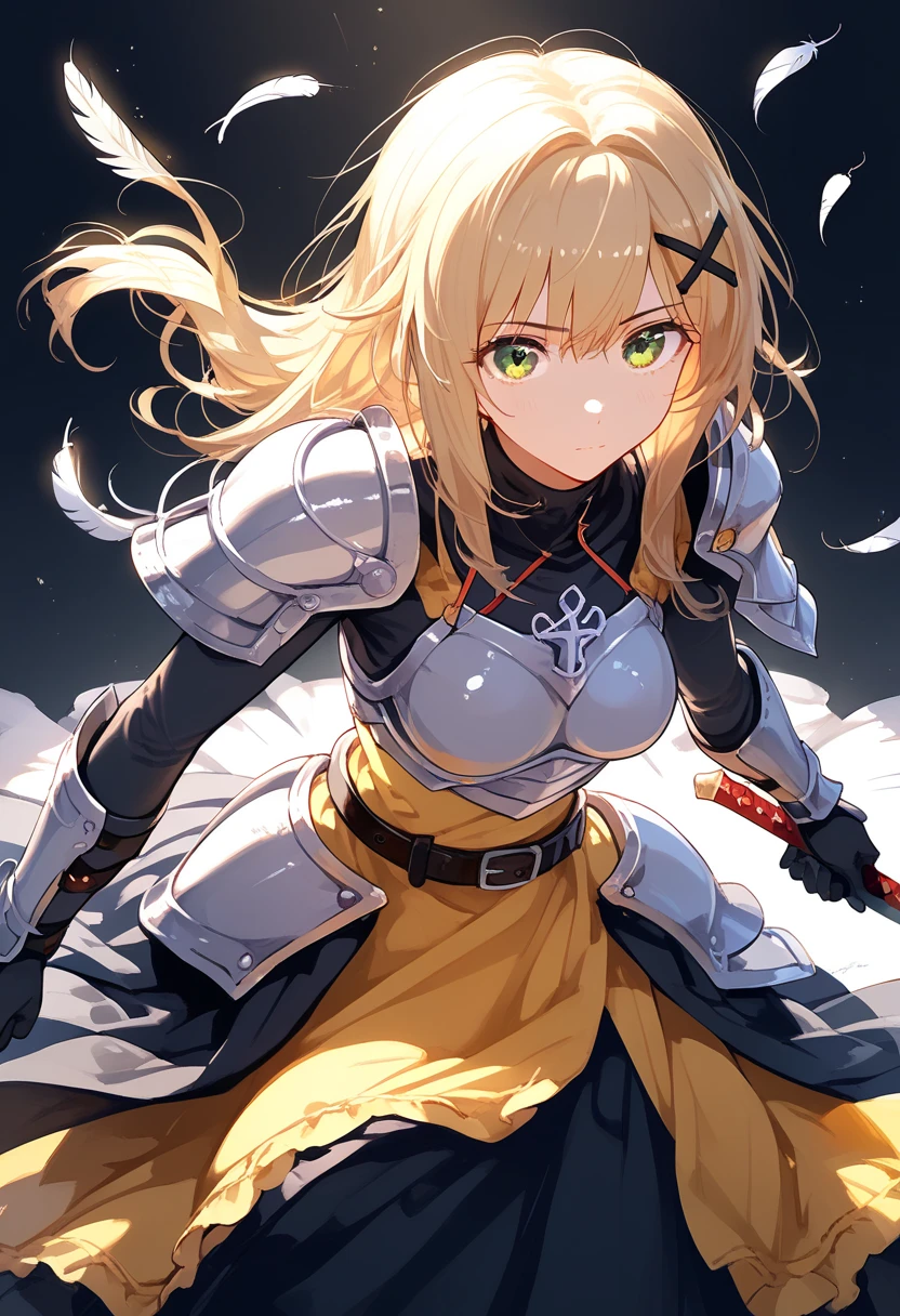 (((best quality))), spot lighting, akatsuki kirika, blonde hair, 1girl, solo, green eyes, looking at viewer, medium breasts , x hair ornament, Hold a long sword:1.3, black bodysuit, armored dress, yellow dress, red ribbon, silver breastplate, silver shoulder armor, faulds, black gloves, belt, long skirt, armored boots, feather at a shoulder