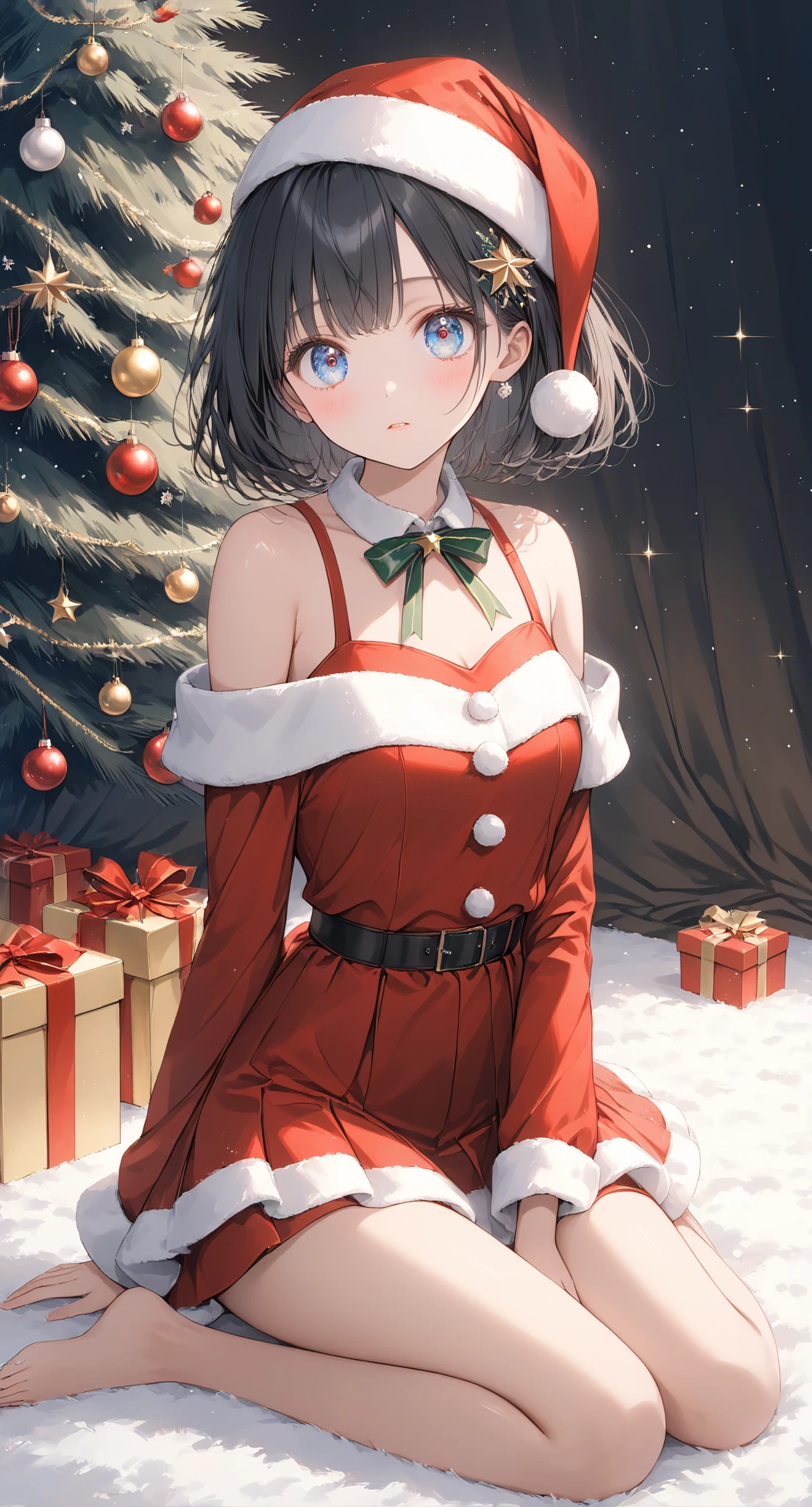 Masterpiece, high quality, high tonal range, high resolution, 16K, KyoAni illustration, background detail, digital painting, hyperrealistic, petite woman, young woman, beautiful face, long eyelashes, fair skin, full body, bare shoulders, thin legs, short black bob with hair decoration, idol, Santa costume, sparkling eyes, Big eyes, shy, Christmas decorations, indoor, cinematic effect,