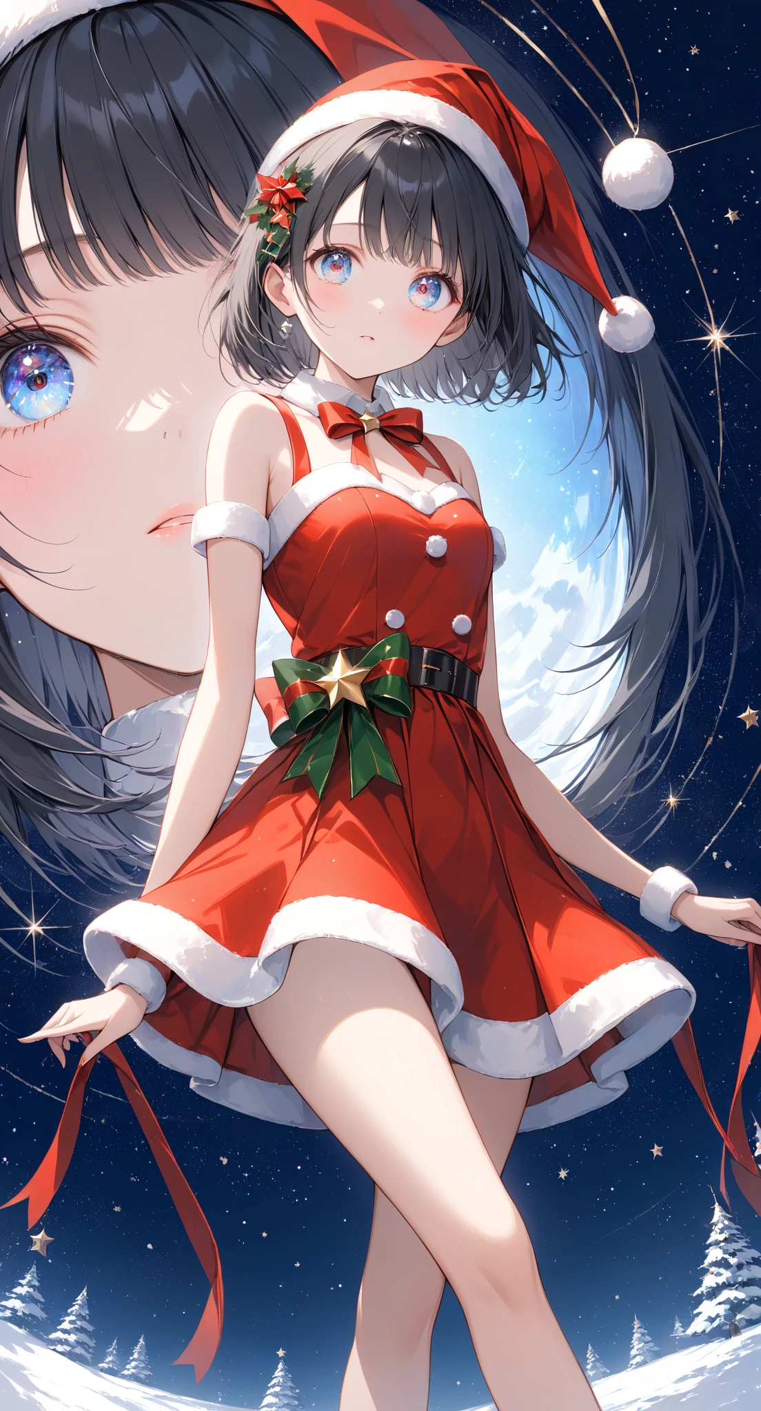 Masterpiece, high quality, high tonal range, high resolution, 16K, KyoAni illustration, background detail, digital painting, hyperrealistic, petite woman, young woman, beautiful face, long eyelashes, fair skin, full body, bare shoulders, thin legs, short black bob with hair decoration, idol, Santa costume, sparkling eyes, Big eyes, shy, Christmas decorations, indoor, cinematic effect,