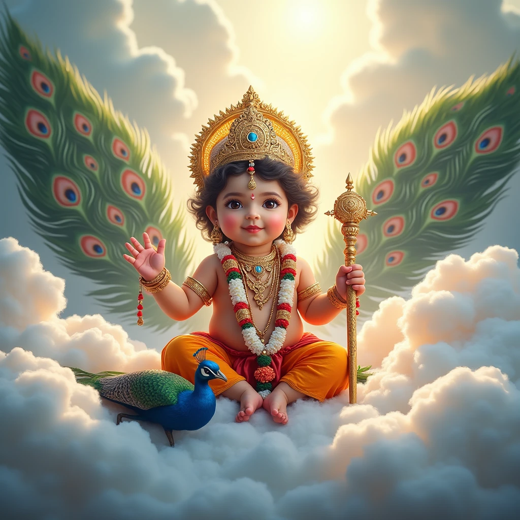 A divine Krishna resembling a young deity is depicted seated amidst fluffy white clouds, surrounded by a radiant light. The Krishna wears an ornate golden crown and colorful traditional attire, adorned with intricate jewelry and floral garlands. In one hand, the deity holds a ceremonial staff, while a peacock is positioned at the feet, adding to the ethereal ambiance. Behind the figure, a backdrop of peacock feathers enhances the majestic scene.