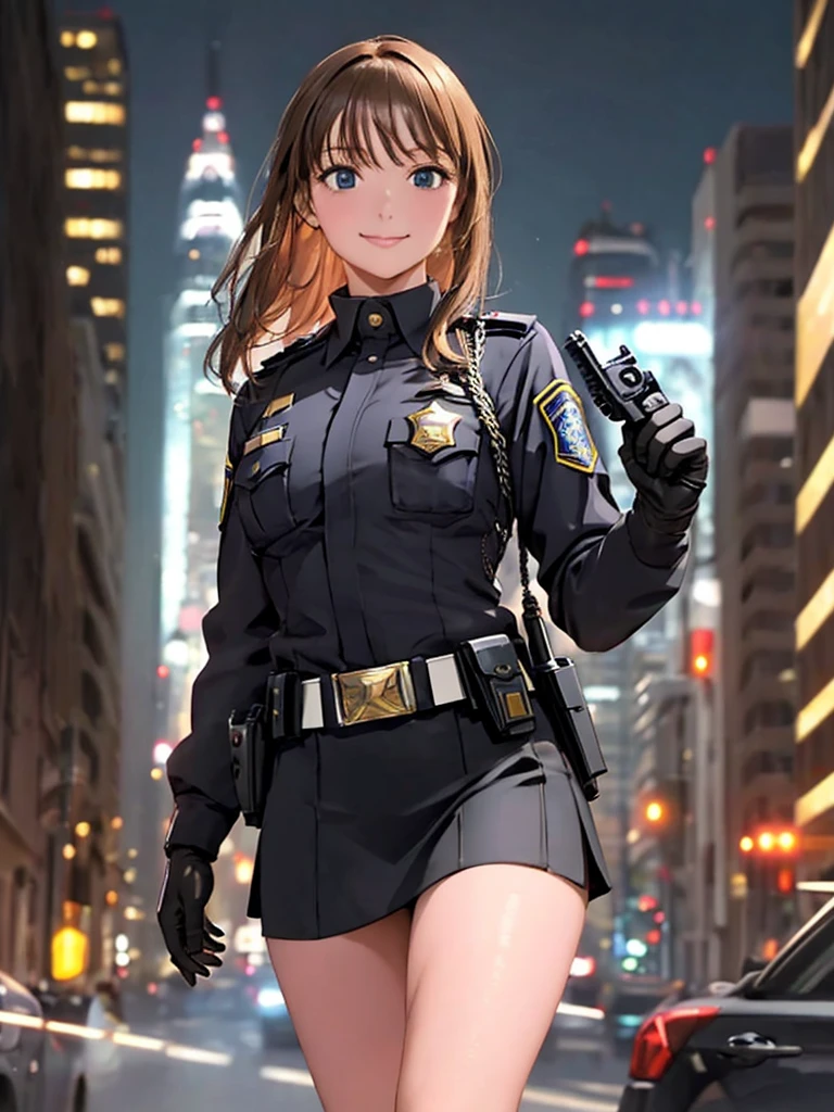 Masterpiece, high resolution, 1 girl, alone, full body, female, bright smile, blush, medium bust, skinny, realistic, 20s, Cowboy Shot,(high quality, 8k, 4k, high contrast, masterpiece:1.2, best quality, best aesthetics), sexy female police officer, detailed face and body, black uniform, mini skirt, belt with equipment, gloves, shiny badge and name tag, carrying a small handgun, flashing police car lights against cityscape background, POLICE lettering,