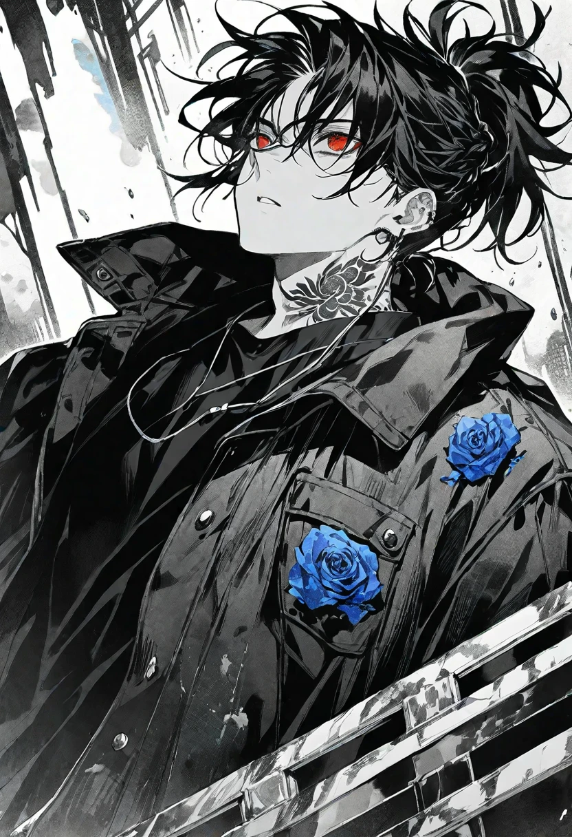 Solo,handsome, monochrome,watercolor,1 male, Ponytail, Braided black hair, red eyes, Gojo Satoru,casual,Blue Rose Tattoo,black Oversized 服,casual,Stylish,cool,Wear sunglasses around your neck,Void,look up,
blackbackground,İcon,Despise face up