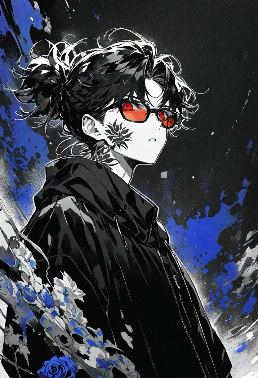 Solo,handsome, monochrome,watercolor,1 male, Ponytail, Braided black hair, red eyes, Gojo Satoru,casual,Blue Rose Tattoo,black Oversized 服,casual,Stylish,cool,Wear sunglasses around your neck,Void,look up,
blackbackground,İcon,Despise face up