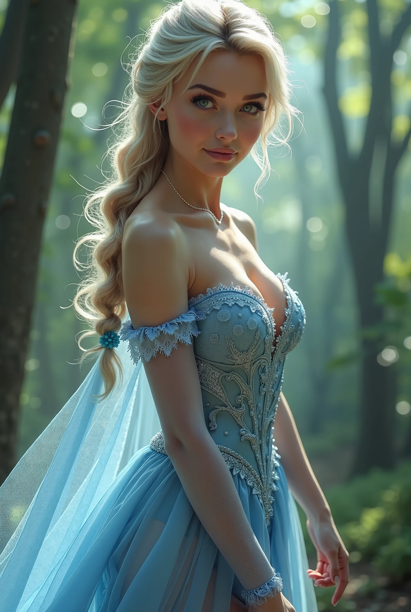 (best quality,4k,8k,highres,masterpiece:1.2),ultra-detailed,(realistic,photorealistic,photo-realistic:1.37), ((Best quality)), ((Masterpiece)), (detailed), perfect face perfect figure, Middle Ages, forest background, 26 year old, Scandinavian woman, Princess, Golden hair, bun-like hairstyle, bright blue eyes, pale skin, large breasts, tight blue dress, off shoulder, cleavage, diamond tiara, blue heels, thrilled smile, teeth, walking, regal presence, cute and charming appearance, calm expression, slight smile,