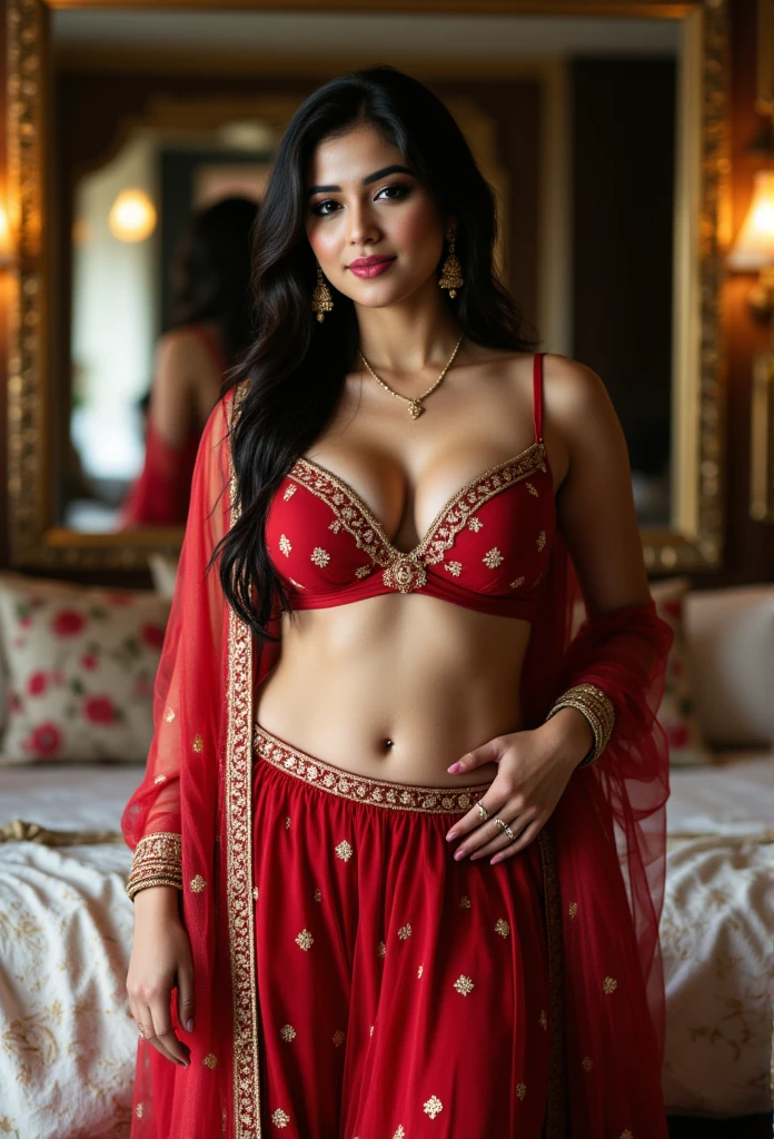 A full-body portrait of an Indian woman standing confidently in a luxurious indoor setting. She wears a modern twist on traditional attire: a red lehenga with intricate gold embroidery along the hem and a sheer dupatta draped loosely over her shoulders. The lehenga sits low on her waist, revealing a perfectly sculpted midriff with a prominent navel featuring a slightly larger navel hole. Her ample cleavage is accentuated by a matching red blouse with a deep neckline and golden straps. Her skin glows with a warm undertone, highlighted by soft, diffused indoor lighting that reflects off the ornate furnishings around her. The room showcases a plush bed with embroidered cushions and a large mirror behind her, which captures a faint reflection of her pose. Her long, black hair cascades down her back, framing her freckled face adorned with bold eyeliner and pink lipstick. She wears dangling golden earrings and a choker necklace, perfectly complementing her outfit. The atmosphere is intimate and elegant, with a focus on her graceful yet bold presence,woJ3ssB13l, she is smiling