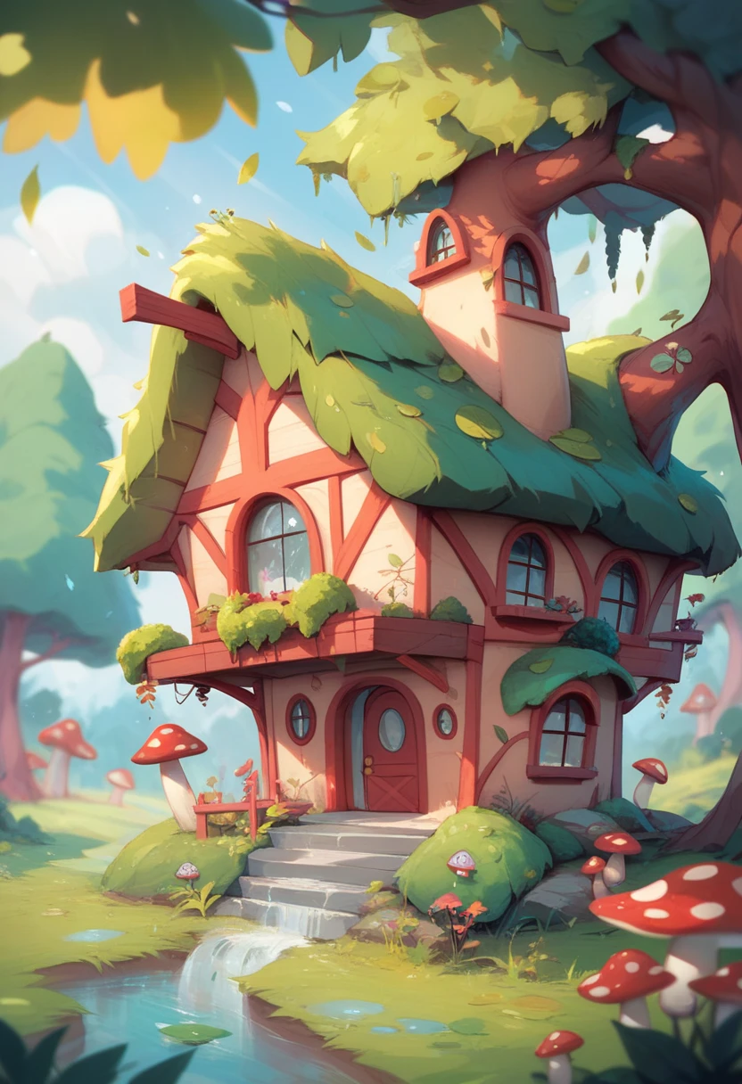  A cute little frog lives in a fairy forest ,  in a wonderful little mushroom house . In the background there are trees , Leaves,  magic mushrooms and bright flowers .  It's raining and the frog is hiding under the roof of his house