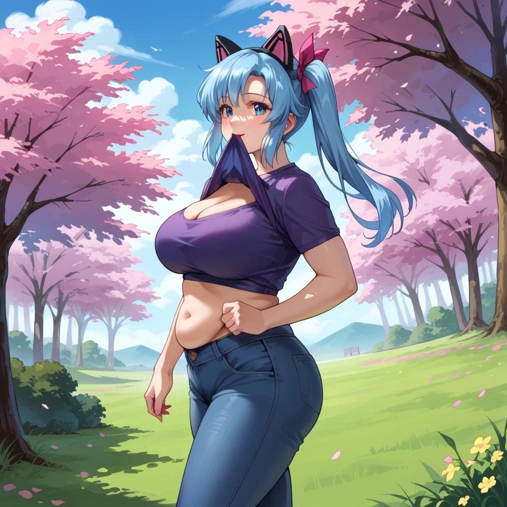 score_9, score_8_up, score_7_up,source_anime,BREAK, gundam_seed, 1girl. Adult woman, She has very long light blue hair side ponytail, bright blue eyes, pink metal (mechanical cat ears), round face, pink bow in her hair. she is (FAT) and chubby, voluptuous, with very large breasts, (plump belly), wide waist, thick arms, bubble butt, wearing a cold shoulder purple shirt, low cut jeans.   In a field of cherry blossom trees.  masterpiece,best quality,amazing quality, walking, having fun, happy, cleavage, side view, lifting shirt with mouth, Watson cross