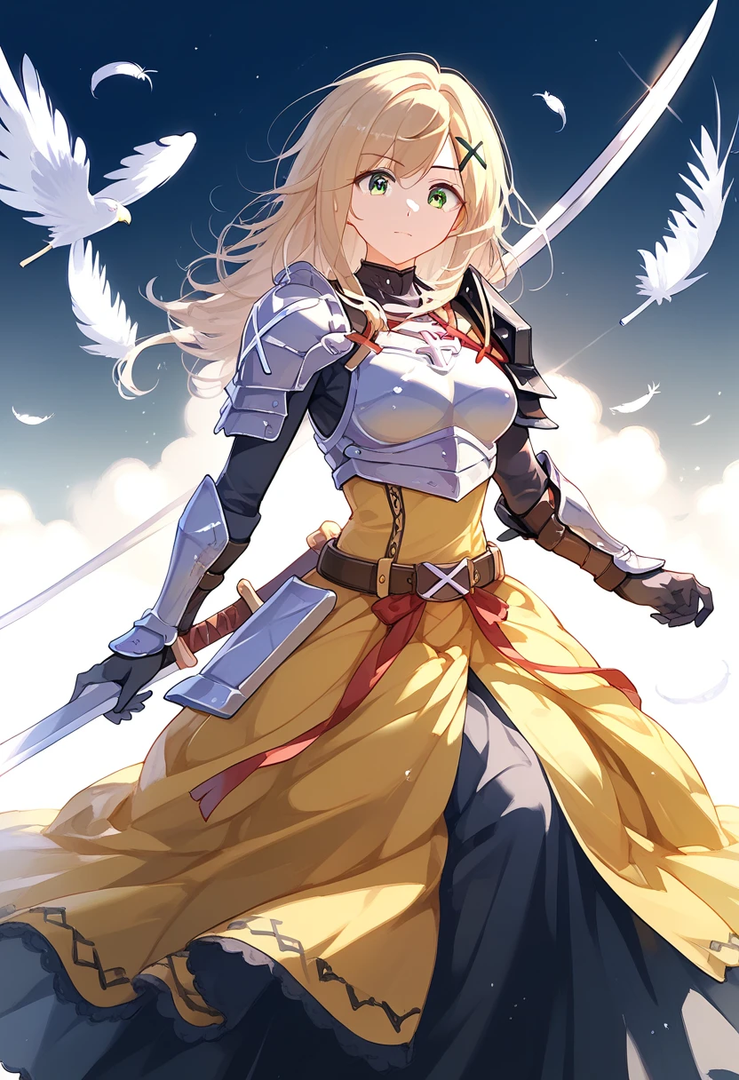 (((best quality))), spot lighting, feathers floating, akatsuki kirika, blonde hair, 1girl, solo, green eyes, looking at viewer, medium breasts , x hair ornament, ((Wing decoration on the right shoulder Hold a long sword:1.3)), black bodysuit, armored dress, yellow dress, red ribbon, silver breastplate, silver shoulder armor, faulds, black gloves, belt, long skirt, armored boots, 