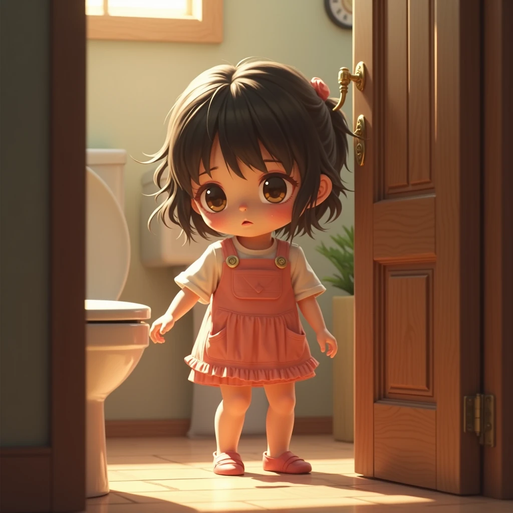 The upper part of the body、an oil painting、masterpiece、top-quality、hight resolution、long brown hair、a 10 year old boy、In the toilet,Young Face,Standing