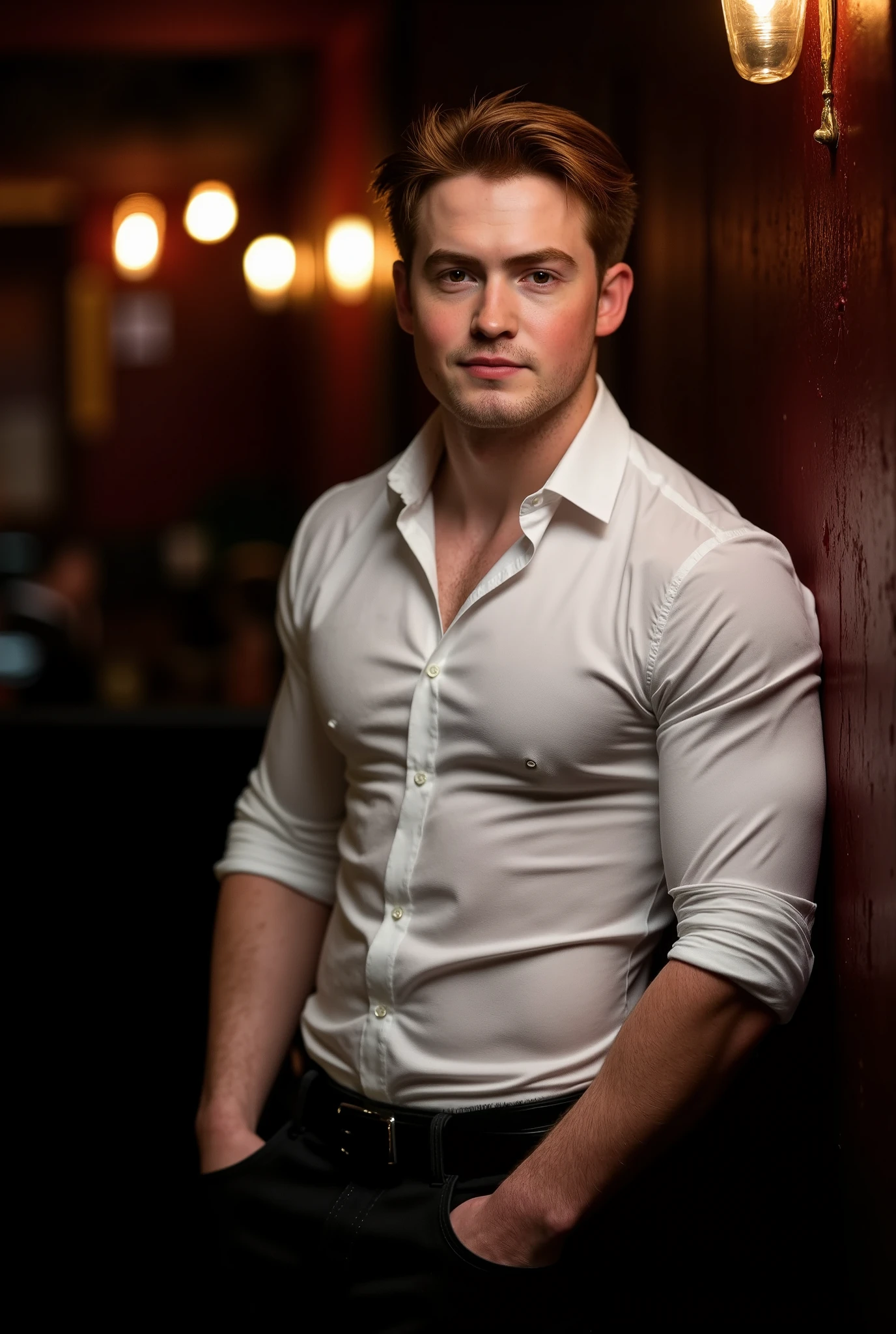 Kit Connor. The image is a high-resolution photograph of Kit Connor with a clean-shaven face and short, tousled light brown hair. He is leaning against the wall in a dimly lit nightclub, looking at the viewer like he's about to pounce. He has a light complexion and expressive hazel eyes. His facial expression is neutral, with a slight smile. He is wearing a tight fitted white button down shirt with the sleeves rolled up to his elbows, the fabric of the shirt is tight around his muscular build. The sleeves of the shirt hug his biceps tight. He is wearing fitted black dress pants that hug his crotch, showing off his large bulge, with a black belt and silver buckle.