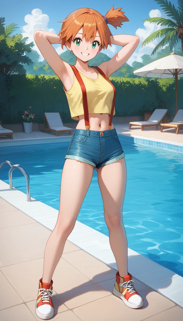 (score_8, score_8_up,masterpiece,highest quality, Perfect Anatomy ,Exquisite detailed:1.3),(realistic:0.5),
1 girl, misty \(pokemon\), side ponytail, yellow tank top, suspenders, denim shorts, 
cute face, medium small breast, 
smile, standing, legs apart, arms behind head, look at viewer, full body,
(pool, outdoor),