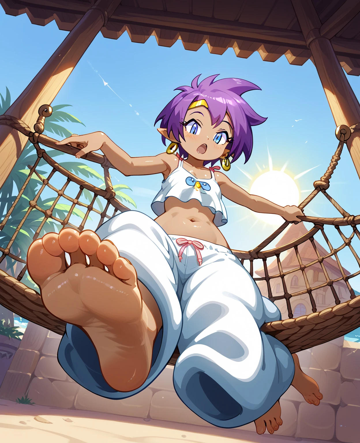 [Shantae], ((masterpiece)), ((HD)), ((high res)), ((solo portrait)), ((full body)), ((low angle view)), ((feet visible)), ((foot focus)), ((detailed shading)), ((intricate details)), {attractive girl, (dark skin tone), (brown skin), (long messy purple hair), (spiky bang), (closed eyes), (curvy hips), (defined muscles), (beautiful legs), (cute soft feet), (blushing), (yawn)}, {(light blue puffy pajama pants), (light blue crop top), (navel)}, {(sitting on hammock), (looking at viewer)}, [ambient lighting, bedroom, window, beach, sun rays]