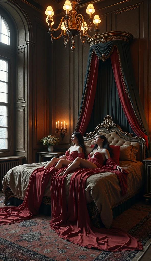 luxury red room with curtains and round bed,2 elite prostitutes lying on bed, elite clothes, elite makeup, smoke in air, vintage filter:1.4, grain:1.4