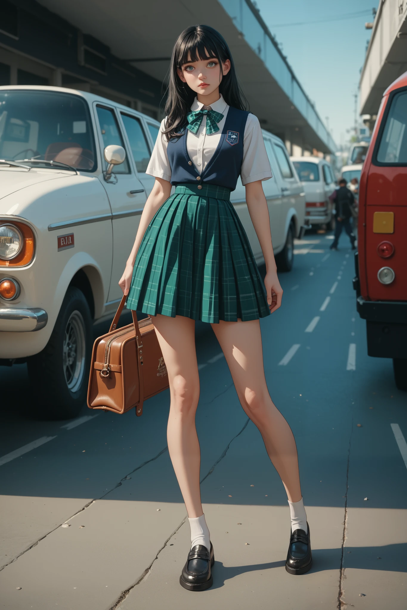 Song Eu-na is a youthful high schoold student. Rocking that luscious waist-long jet-black hair with bangs and deep emerald eyes, she's also sporting a 90-62-100 B-W-H size. Her beauty lies on her diligence, look, and most of all her fit body. Her model long legs with thick thighs are to die for, both literally and figuratively. School dress, shirt, ribbon tie, vest, checkered skirt, standing confidently, sling her bag on shoulder, BREAK, prestigious private school background, masterpiece, best quality
