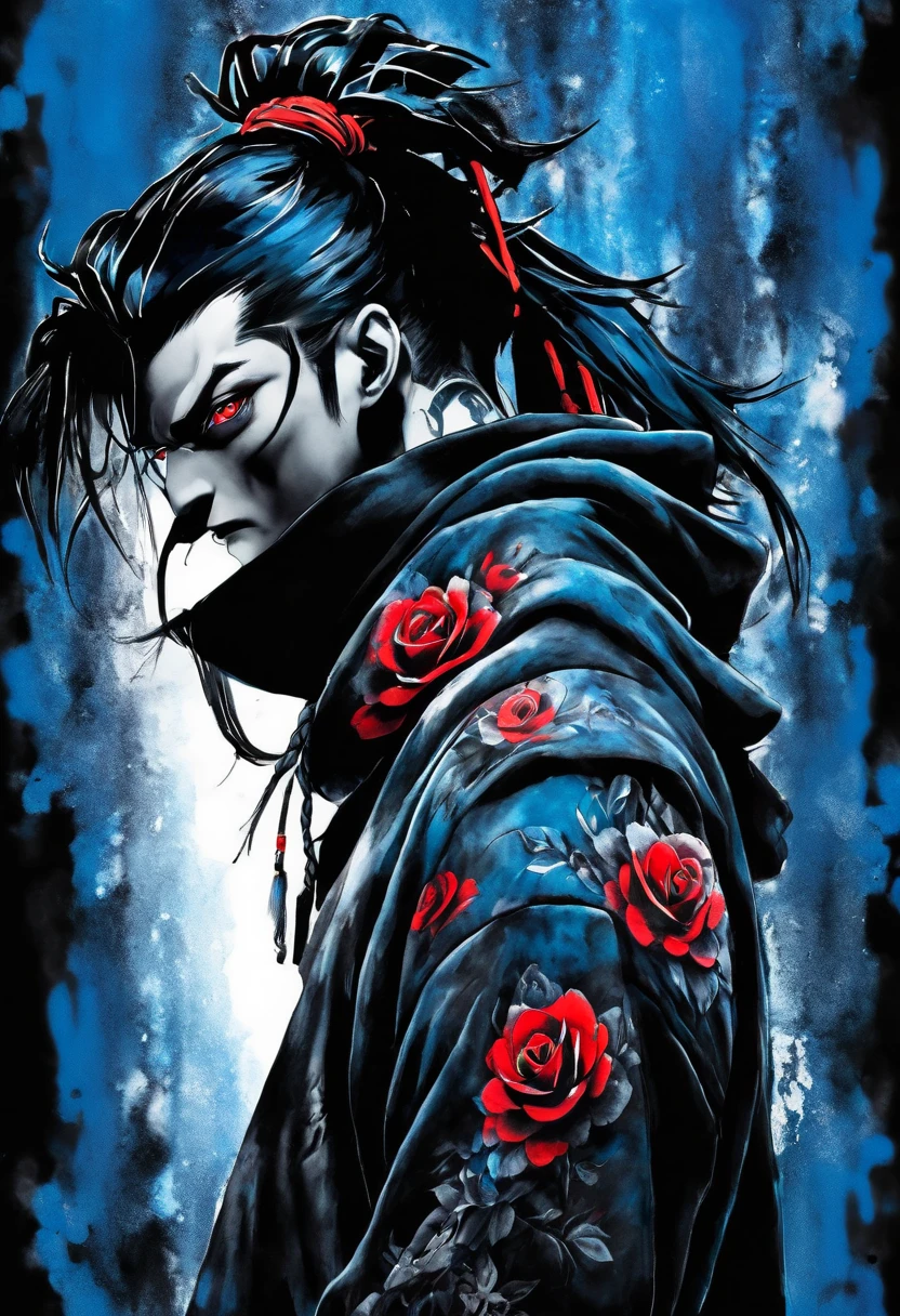 solo, handsome, Monochrome,watercolor,1 male, Ponytail, Braided black hair, red eyes, Gojo Satoru,casual,Blue Rose Tattoo,black Oversized hoodie,casual,Stylish,cool,
blackbackground,icon,Despise face up