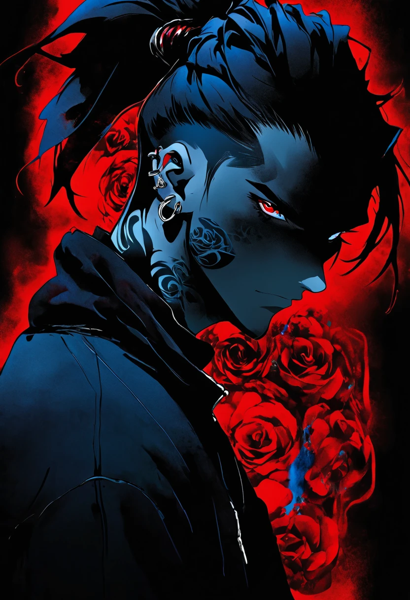 solo, handsome, Monochrome,watercolor,1 male, Ponytail, Braided black hair, red eyes, Gojo Satoru,casual,Blue Rose Tattoo,black Oversized hoodie,casual,Stylish,cool,
blackbackground,icon,Despise face up