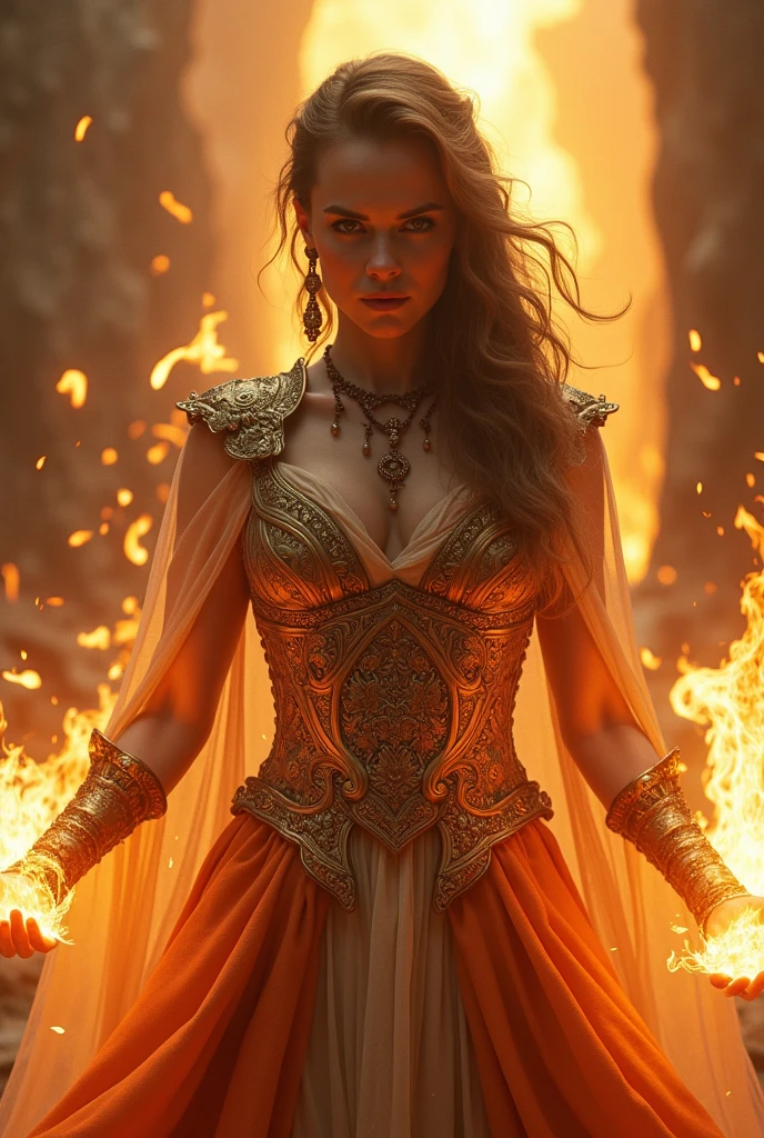 (Kate Backinsale como rainha do fogo, (27 anos), de corpo inteiro), O vestido Vermelho, The skirt is long to the floor, com olhos grandes (((laranja e dourado))). The fire druid is inspiring with beautiful ((olhos de fogo realistas)) illuminated with confidence and power. She is wearing a flowing and shiny dress ((feito de chamas realistas)) e joias que brilham em a luz do fogo. Threads of fire and smoke line the dress&#39;s intricate bodice. Include collisions, pedras, fire iridescence, brasas brilhantes, an interesting background and heavy fantasy elements, com um castelo de fogo em chamas. camera: Use dynamic compositing techniques to highlight realistic flames.