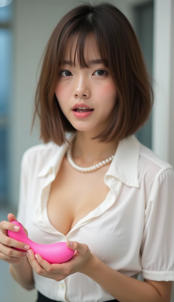  top quality, Japanese Idols, Straight short hair 、bangs、Award-winning works,  very detailed,  edge orgasm ,  face focus, (A woman who opens her mouth and looks at me  ), Strong eyesight、24 years old、 brown hair、 short hair、  newscaster 、 glowing skin,  Pearl Necklace 、Drooling from the mouth、 Insulated、 on the body Be careful, shortcuts、Big Breasts、 vibrator prank in public , 公共の場でのBig Breasts女性, She's walking without a bra 、 wearing a white shirt that shows the shape of her nipples on her chest、, She yawns,   she holds a pink remote control on the outside of the frame with her hands ,  She wants you to stop using the vibrator