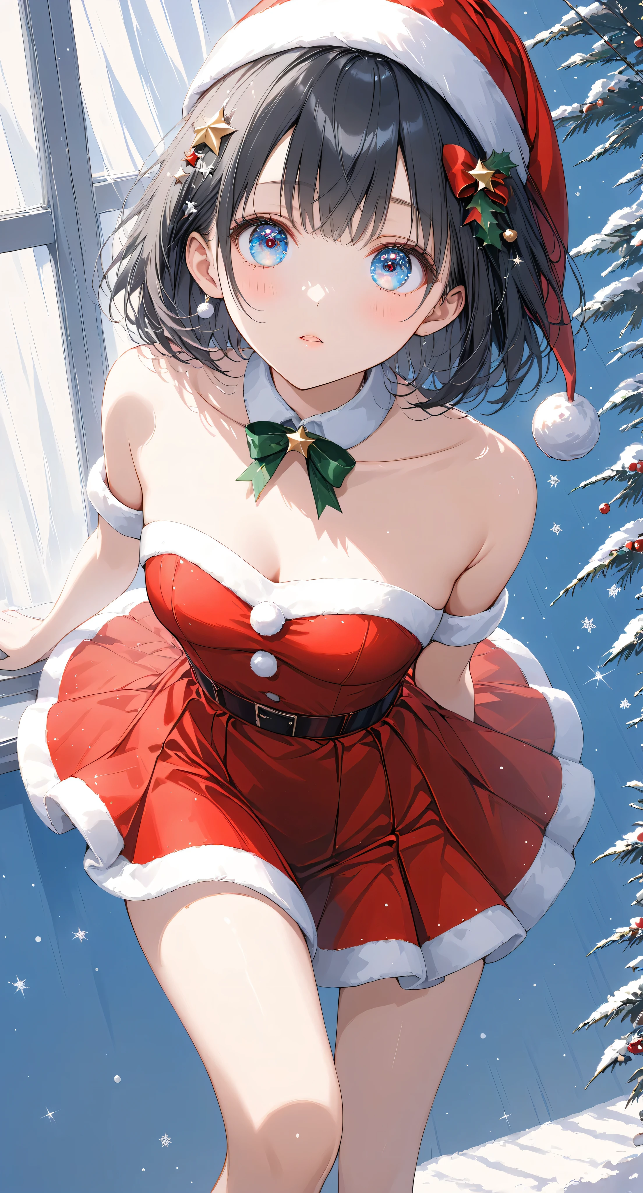 Masterpiece, high quality, high tonal range, high resolution, 16K, KyoAni illustration, background detail, digital painting, hyperrealistic, petite woman, young woman, beautiful face, long eyelashes, fair skin, full body, bare shoulders, thin legs, short black bob with hair decoration, idol, Santa costume, sparkling eyes, Big eyes, shy, Christmas decorations, indoor, cinematic effect,