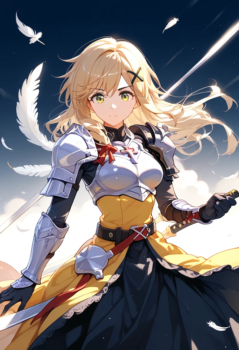 (((best quality))), spot lighting, feathers floating, akatsuki kirika, blonde hair, wolf hair, 1girl, solo, green eyes, looking at viewer, medium breasts , x hair ornament, ((Wing decoration on the right shoulder Hold a long sword:1.3)), black bodysuit, armored dress, yellow dress, red ribbon, silver breastplate, silver shoulder armor, faulds, black gloves, belt, long skirt, armored boots, 