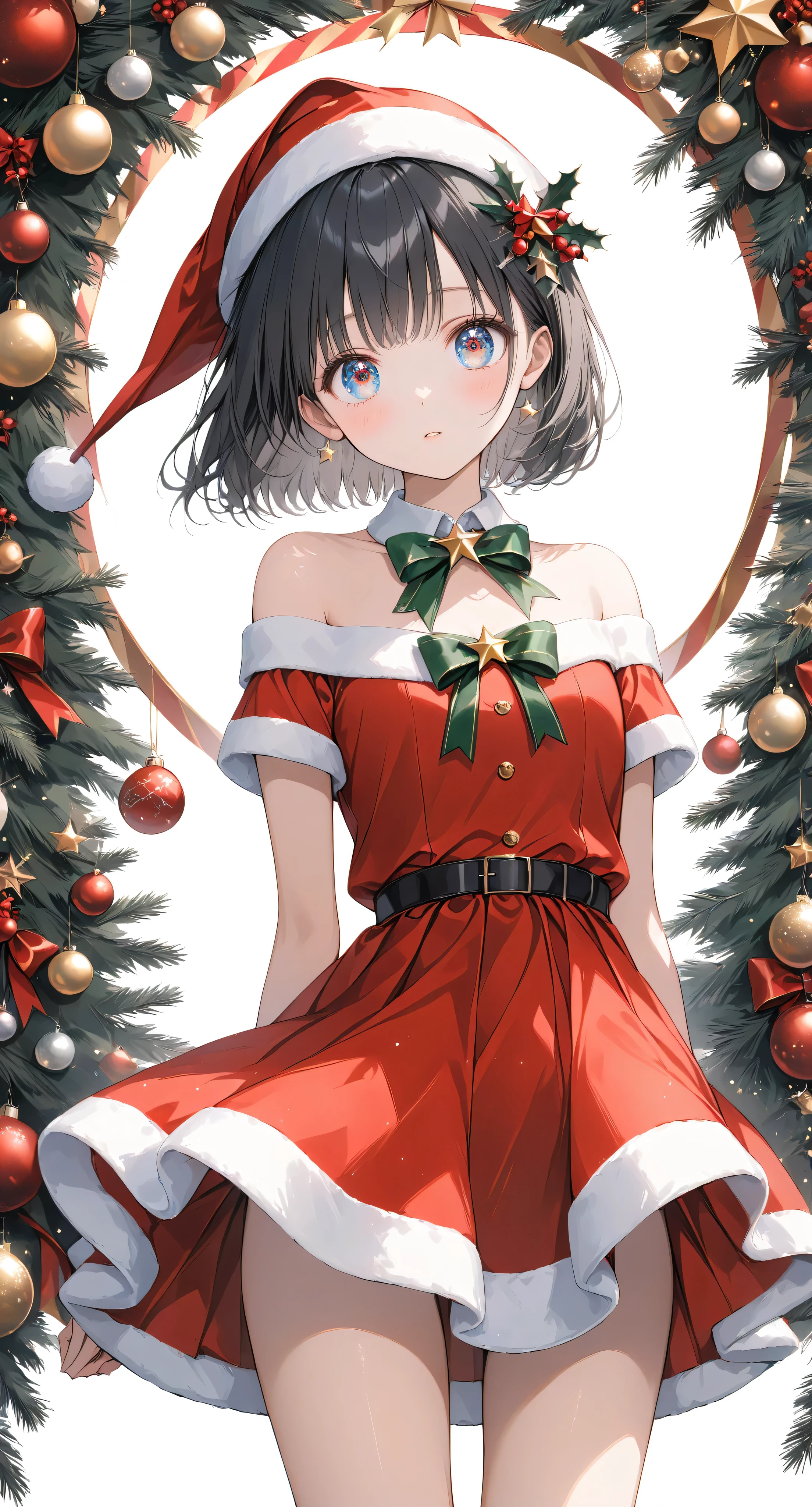 Masterpiece, high quality, high tonal range, high resolution, 16K, KyoAni illustration, background detail, digital painting, hyperrealistic, petite woman, young woman, beautiful face, long eyelashes, fair skin, full body, bare shoulders, thin legs, short black bob with hair decoration, idol, Santa costume, sparkling eyes, Big eyes, shy, Christmas decorations, indoor, cinematic effect,