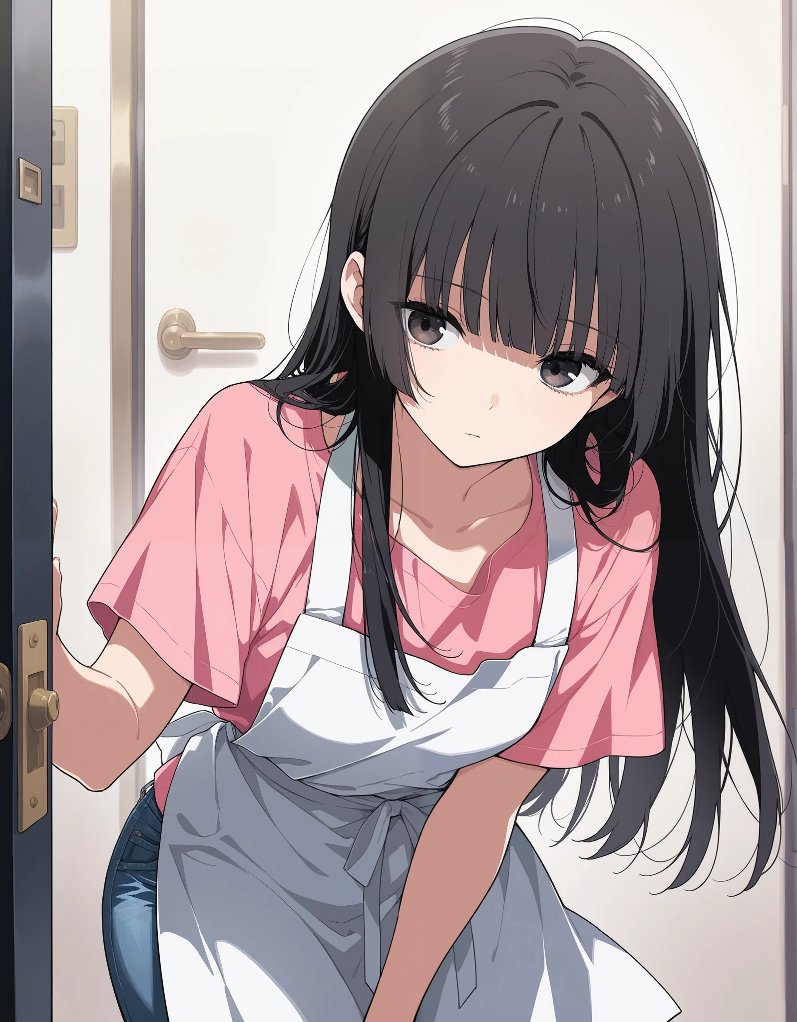 Highest quality, High resolution, 1.female, Reluctance Nausea Watery eyes Black eyes (There is on the lunch box:1) Cute Looking down Pink polo shirt Short hair, Black Hair, seiza, Focus on face, lots of cum iouth, lots of penis, fio(Subj