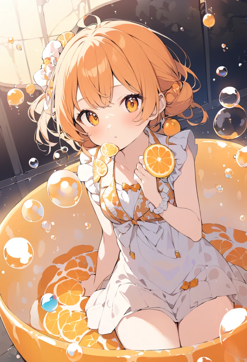 One girl、mandarin orange、mandarin orangeの擬人化、mandarin orangeの形をしている、mandarin orangeに顔がある、round、Orange、orange color、手にmandarin orangeジュースを持っている、Pon Juice、(((masterpiece))), (best quality), (ultra detail), (very_high_resolution), (large_filesize), (full color)