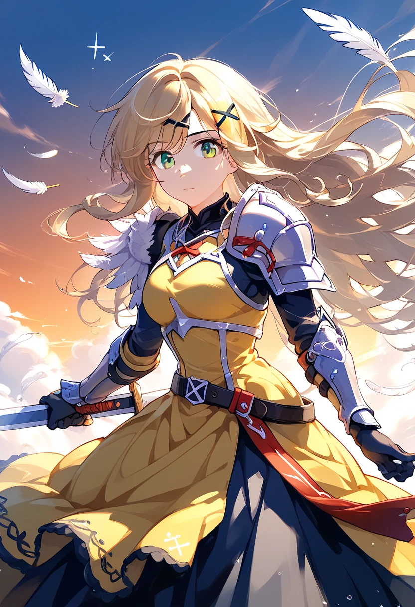 (((best quality))), spot lighting, feathers floating, akatsuki kirika, blonde hair, wolf hair, 1girl, solo, green eyes, looking at viewer, medium breasts , x hair ornament, ((Wing decoration on the right shoulder , Hold your longsword towards the sky:1.3)), black bodysuit, armored dress, yellow dress, red ribbon, silver breastplate, silver shoulder armor, faulds, black gloves, belt, long skirt, armored boots, 