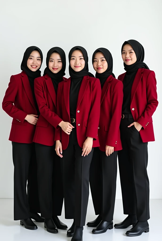 group photography of six Indonesian women wearing matching clothes; gold hijabs, gold suit, ties, black trousers, black shoes, standing next to each other, confident style, posing for a photo shoot, gaze at the camera, they are smilling, bright lighting, photorealistic, intricate details, sharp focus, UHD 8K, high quality photos.