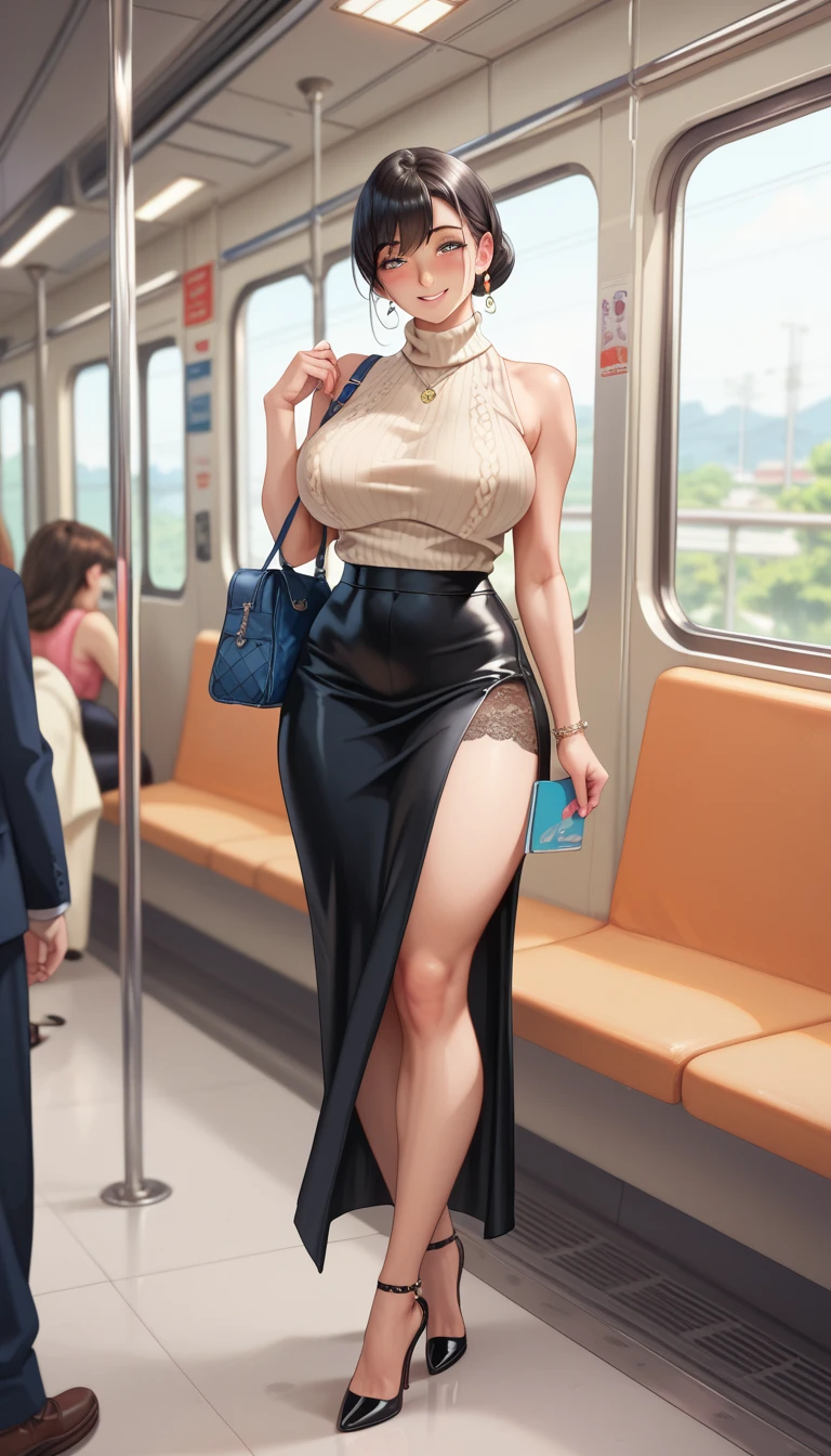 (A very cute extreme exhibitionist caucasiangirl in a crowded train). (((90 year old man in tuxedo behind puts his hand on her waist))), Cinematographer, Masutepiece, La mejor calidad, fondo supermercado, ((1chica ojos azules y hermoso cabello rubio claro, ojos verdes y una cara de angel, pechos no enormes, The uniform consisted of a mid-thigh miniskirt and a white shirt with a V-neck jacket, that is, a generous neckline since it was covered with the white shirt, medias y liguero debajo de la minifalda, sin bragas ni tanga. la camisa blanca, I just had to wear the jacket without a bra