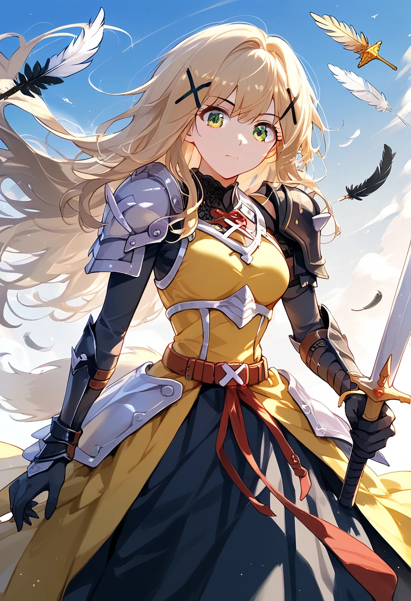 (((best quality))), spot lighting, feathers floating, akatsuki kirika, blonde hair, wolf hair, 1girl, solo, green eyes, looking at viewer, medium breasts , x hair ornament, ((Wing decoration on the right shoulder , Hold your longsword towards the sky:1.3)), black bodysuit, armored dress, yellow dress, red ribbon, silver breastplate, silver shoulder armor, faulds, black gloves, belt, long skirt, armored boots, 