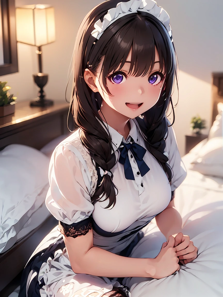 masterpiece, High resolution, High resolution, High resolution, Girl, cute, kawaii, from chest to head, looking at you, smiling, straight hair, long hair, black hair, sitting in a feminine pose, bedroom, night, bra top