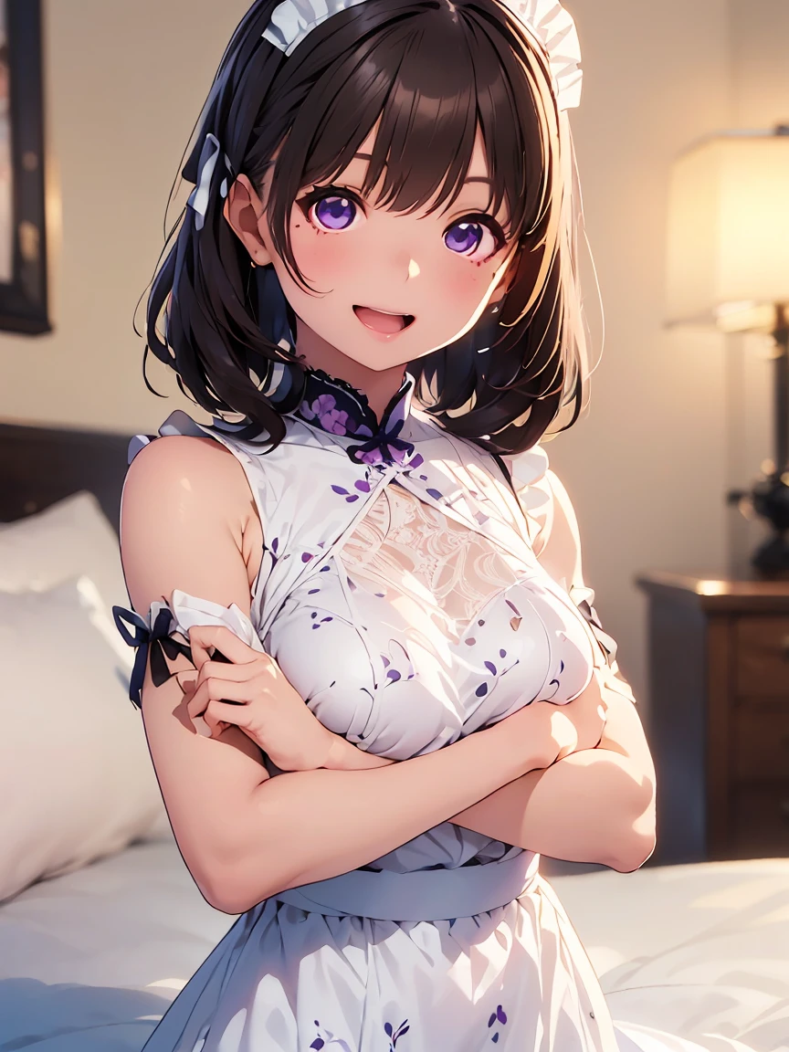 NSFW,((1man with 1woman,Having sex)), Cowgirl,Riding on top of a naked man,vaginal,sex,A is pulling up a dress,bared chest,teats,Genital Marudashi,Revealing clothes,Uma Musume,Nishino flower,Marl,shorth hair,Red headband,Beautiful purple eyes,Purple and yellow dresses,bow ribbon,small tits,Lori,Curvaceous,Smile with open mouth,red blush,Shy face,Top image quality,masutepiece