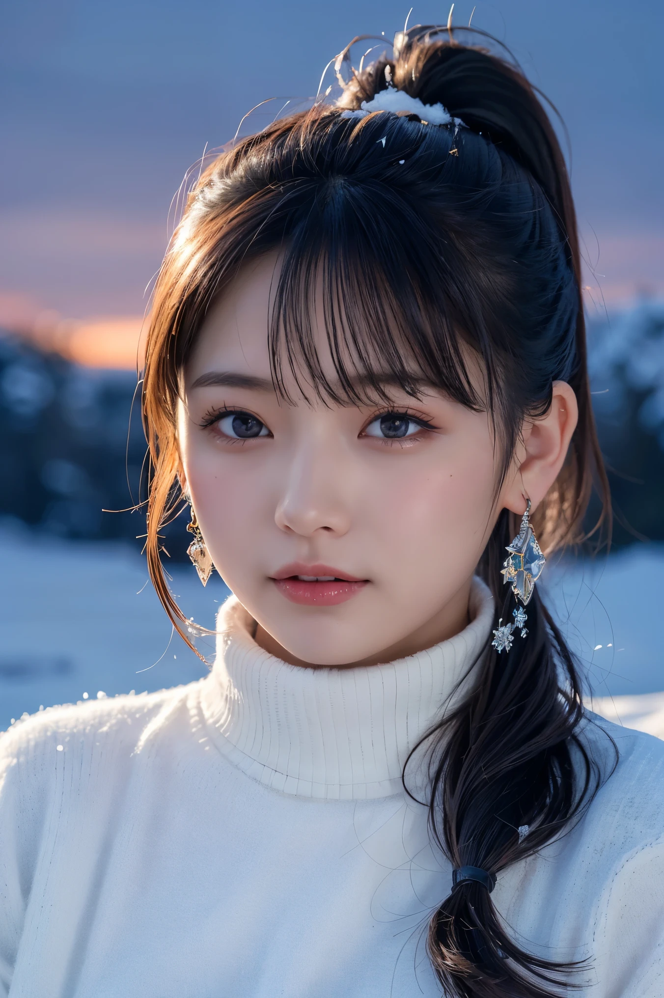 A girl, long braids, Tibetan girl, close-up, slightly raised head, smile, bust photo, upper body, clothes with fluff, white fluff, high-end clothes, cumbersome Tibetan clothing design, cold clothing, winter clothing, appearance Yang transcendence, round face shape, gorgeous Tibetan clothing, cumbersome Tibetan necklace, cumbersome Tibetan headdress, real person CG, sweet style, film style, HD 4K, photography effect, studio effect, white halo, mythical wind, snow field.