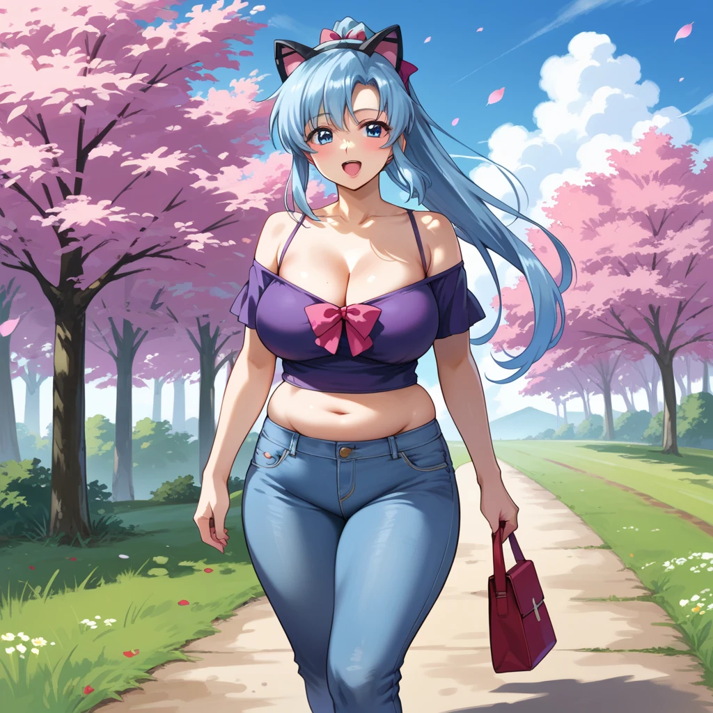 score_9, score_8_up, score_7_up,source_anime,BREAK, gundam_seed, 1girl. Adult woman, She has very long light blue hair ponytail, bright blue eyes, pink metal (mechanical cat ears), round face, pink bow in her hair. she is (FAT) and chubby, voluptuous, with very large breasts, (plump belly), wide waist, thick arms, bubble butt, wearing a shoulderless purple shirt, very low cut jeans.   In a field of cherry blossom trees.  masterpiece,best quality,amazing quality, walking, having fun, happy, cleavage, Watson cross