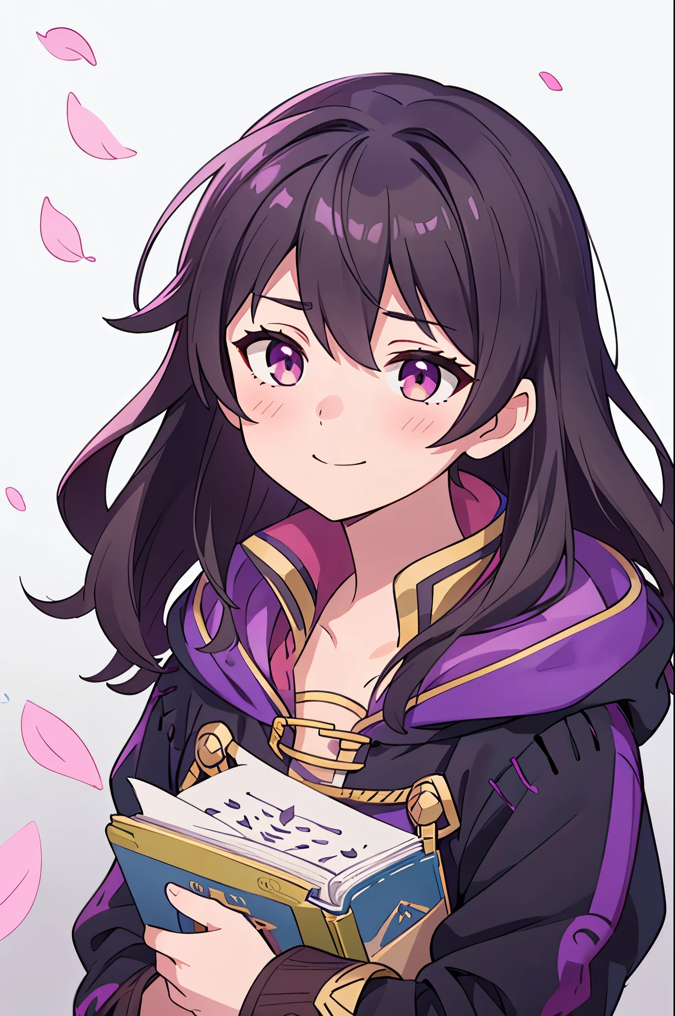 (high-quality, breathtaking),(expressive eyes, perfect face) 1girl, female, solo, portrait, Fire Emblem Awakening, Symmetrical Eyes, open field background, Robin (Fire Emblem: Awakening), dark Brown hair color, long hair length, messy wavy hair, hair ornament, upper body, pink eyes, Black and purple robe, gold trim, hood, white shirt, brown belt, positive expression, cute smile, detailed eyes, adorable face, short height, Cult of Grima, Fell Dragon Grima, Arms down, female robin (fire emblem), dark brown hair, flower petals, braided bang, ribbon in hair, grey background, gradient background, small, holding a book
