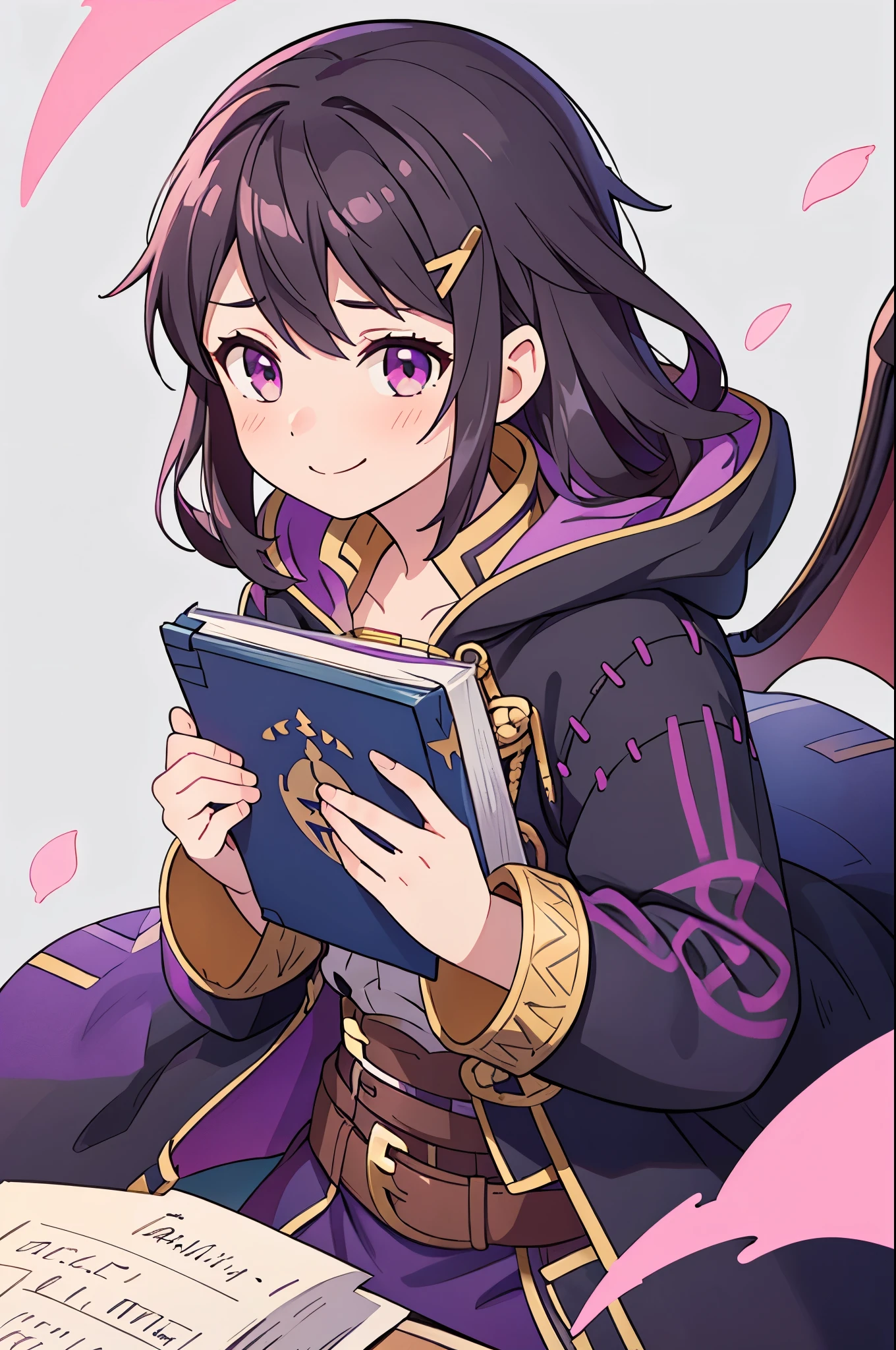 (high-quality, breathtaking),(expressive eyes, perfect face) 1girl, female, solo, portrait, Fire Emblem Awakening, Symmetrical Eyes, open field background, Robin (Fire Emblem: Awakening), dark Brown hair color, long hair length, messy wavy hair, hair ornament, upper body, pink eyes, Black and purple robe, gold trim, hood, white shirt, brown belt, positive expression, cute smile, detailed eyes, adorable face, short height, Cult of Grima, Fell Dragon Grima, Arms down, female robin (fire emblem), dark brown hair, flower petals, braided bang, ribbon in hair, grey background, gradient background, small, holding a book
