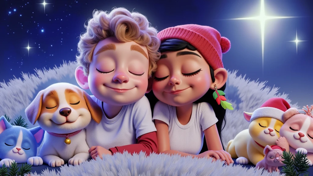 A Disney Pixar-style 3D rendering of a serene night scene with a sleeping boy and a girl lying next to each other. The boy has curly light brown hair and wears a plain white t-shirt and an open red sweatshirt. The girl has black hair and wears a colorful feather earring, a red beanie, and a tight white t-shirt. The background is a bright starry night sky with a huge twinkling star. There are also four puppies and two kittens in the scene.