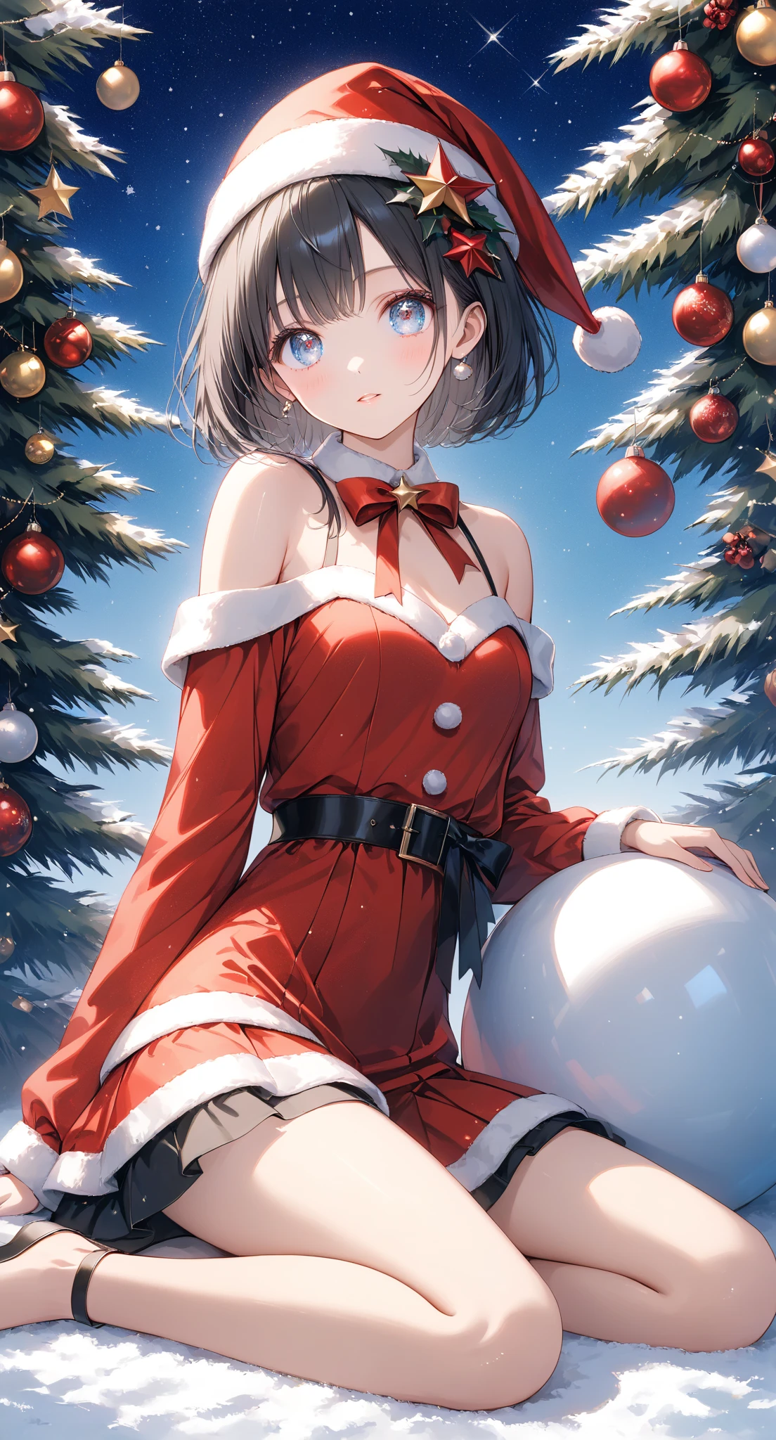 Masterpiece, high quality, high tonal range, high resolution, 16K, KyoAni illustration, background detail, digital painting, hyperrealistic, petite woman, young woman, beautiful face, long eyelashes, fair skin, detailed skin, full body, shiny thin legs, bare shoulders, short black bob with hair decoration, idol, Santa costume, sparkling eyes, Big eyes, shy, Christmas decorations, indoor, cinematic effect, 