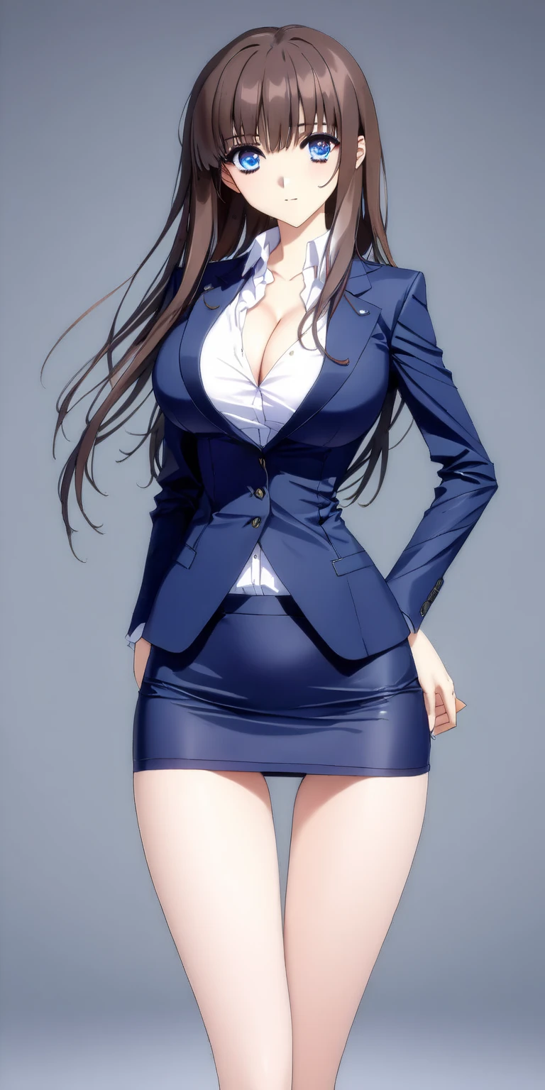 Megumi Kato,  1 girl , Alone, bangs,  brown hair, (((Female lawyer, ( formal suit micro mini skirt,   Micro Mini Pencil Skirt,  white shirt,  strict navy blue jacket),Big Breasts、 cleavage、Thin legs)))、 perfect body,  anime virtual YouTuber full body model not wearing, ((Full body of a single character,  standing in a splendid posture , short!, Above Knee Shot Ultra Detailed ))、 skinny, Alone, 1 female,   Masterpiece  ,   top quality ,   top quality , 16k,  unbelievably ridiculous,  high definition, 2.5D, AI-generated, Delicate and dynamic,  Very delicate facial expression,  delicate eye depiction,  Erotic , only  sexy woman, ((A cute and kind face)),((((Beautifully detailed eyes、 beautiful detailed eyes、Navy blue eyes ))))、 Healthy body shape, ((25-year-old woman)), Height: 170cm,  medium firm swaying bust, sexy, (( Thin Thighs )),,  shiny, 視聴者にfrontを向いている, smile, ((Oily_skin)), (((( cowboy shot、 middle hair )))),  Erotic  pose,  Fashion Model ,   Fashion Model スタイルのDJ、((((nsfw)))), (((micro mini length pencilskirt、front、You can fully see your thighs 、Very thin thighs、Long beautiful legs、痩せていてBig Breasts、 small hips 、 thin hips in a hotel、ネイビーブルーの欠損のない Micro Mini Pencil Skirt)))、((((CowboysHot、downwards、from front、 simple background))))、((white_thong))、((((short腹部))))