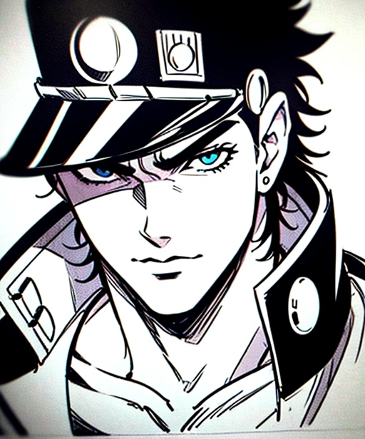 cell frame, animation cell, sketch, signed,vintage,  sketch, monochromatic, authentic traditonal artwork,  photograph, [anime, lineart, masterpiece, best quality, anime, highly detailed face, perfect anatomy:5], (kujo jotaro, solo),portrait, (detailed Eyes, black Hair), 1boy, Muscular, pectorals, muscular, medium length hair, male focus, chain, stud earring, ink, dramatic, pixiv, traditional media