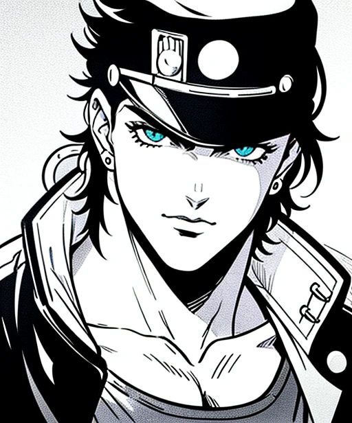 cell frame, animation cell, sketch, signed,vintage,  sketch, monochromatic, authentic traditonal artwork,  photograph, [anime, lineart, masterpiece, best quality, anime, highly detailed face, perfect anatomy:5], (kujo jotaro, solo),portrait, (detailed Eyes, black Hair), 1boy, Muscular, pectorals, muscular, medium length hair, male focus, chain, stud earring, ink, dramatic, pixiv, traditional media